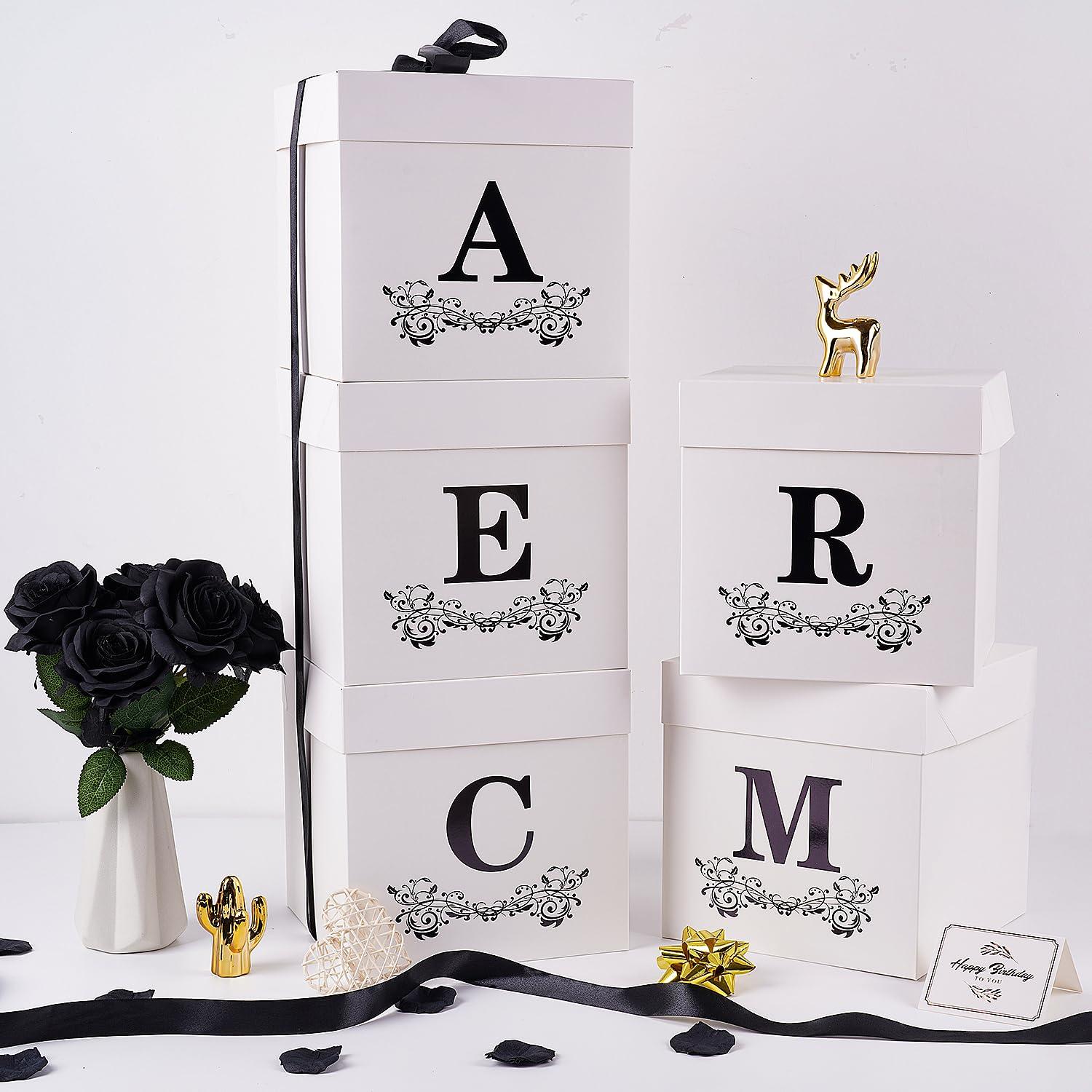 Jaywayang Jaywayang Letter Gift Box with Lid, Ribbon and Warpping Tissue, 8.7\" White and Black Gift Box for Men Women Birthday, Baby Shower, Anniversary, Wedding Party Favor Christmas Decorative (Medium Letter N)