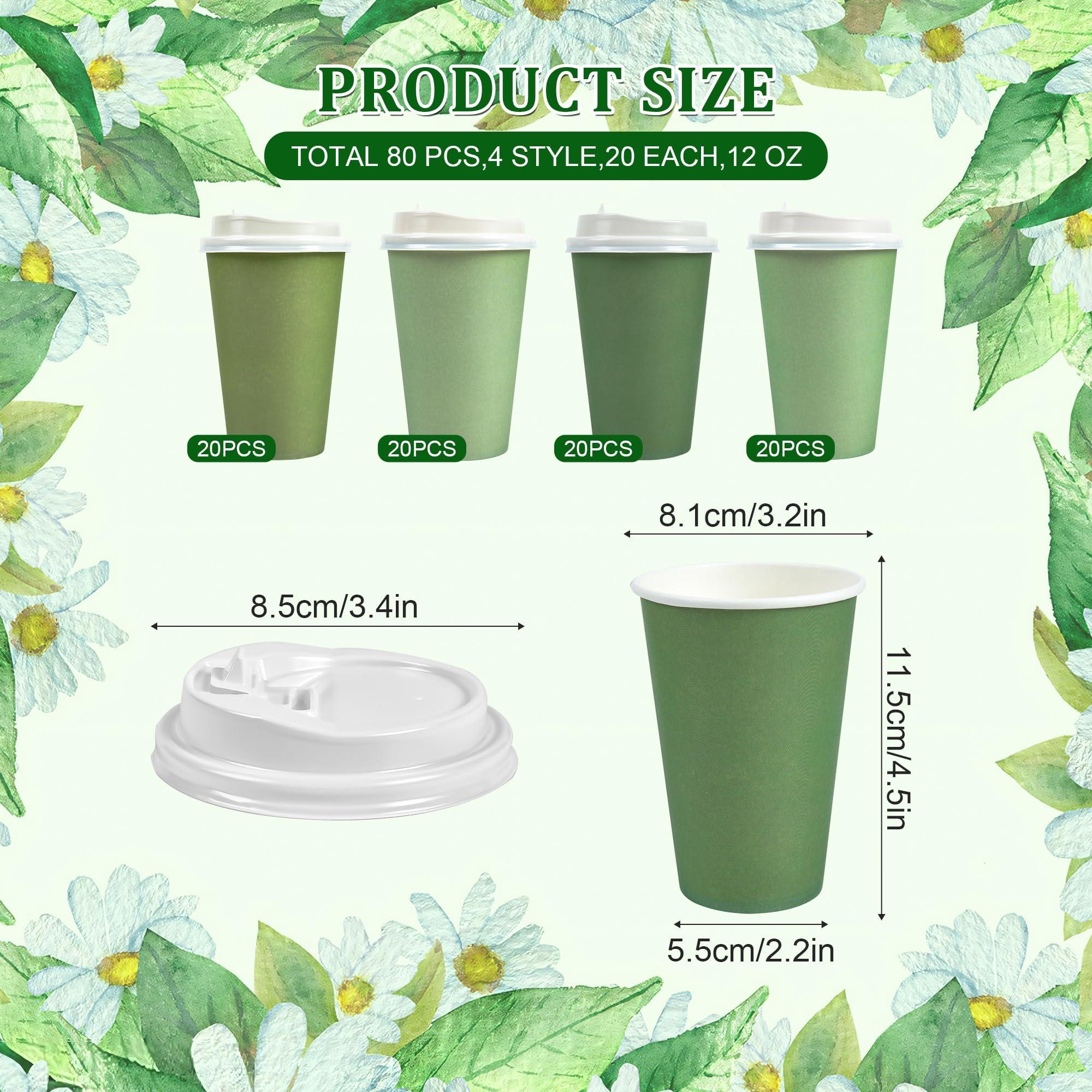 Purhapfre 80 Pcs 12 oz Sage Green Paper Cups Disposable Coffee Cups with Lids Green Gradient Paper Cup Baby Shower Cups Green Solo Cups for Hot and Cold Beverage Water Juice Coffee Tea Party Wedding Supplies