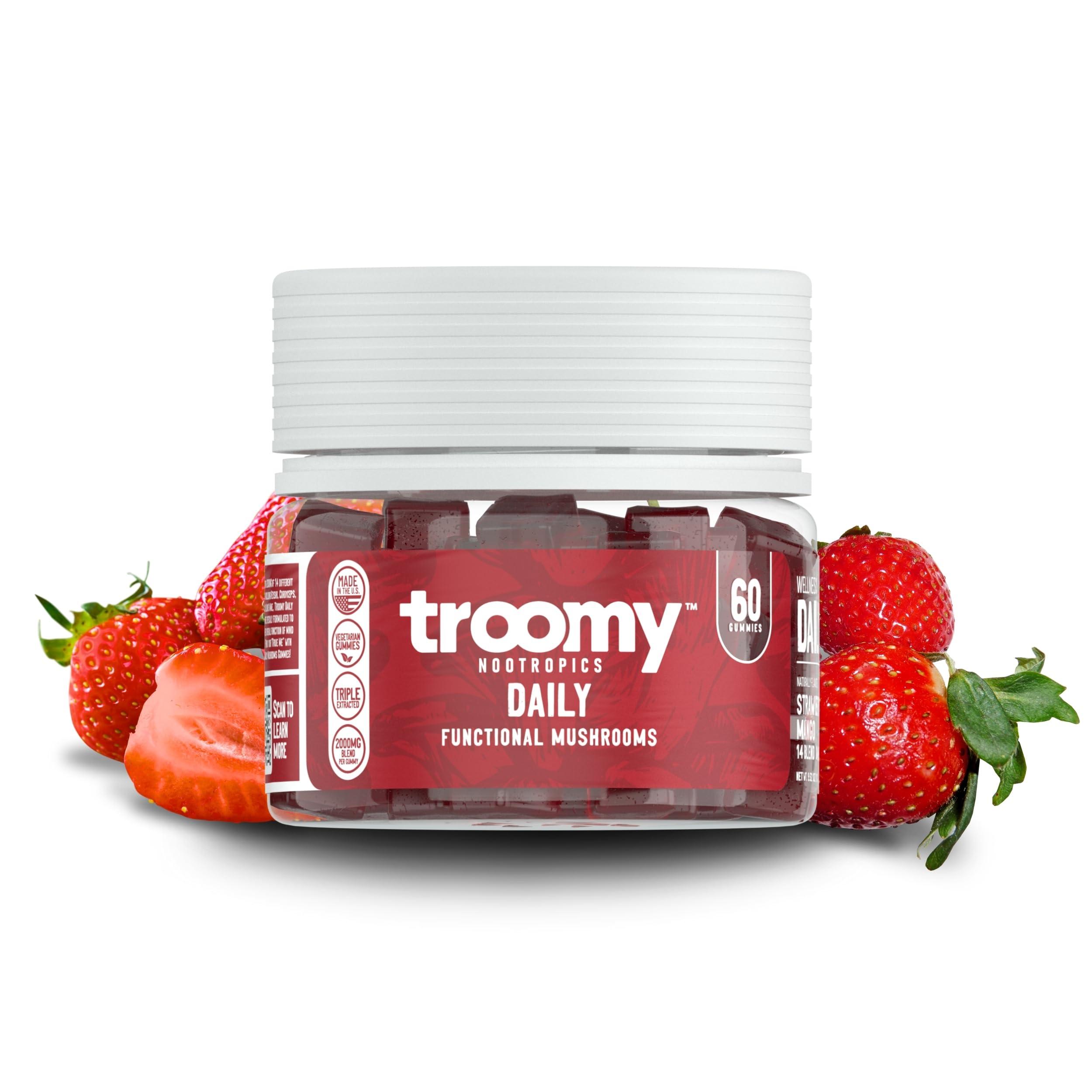 Troomy Nootropics Troomy Daily 14 Mushroom Blend Gummies - Great Tasting Natural Mango Strawberry Flavor, Gelatin-Free, Gluten-Free, Vegetarian - 60 Count