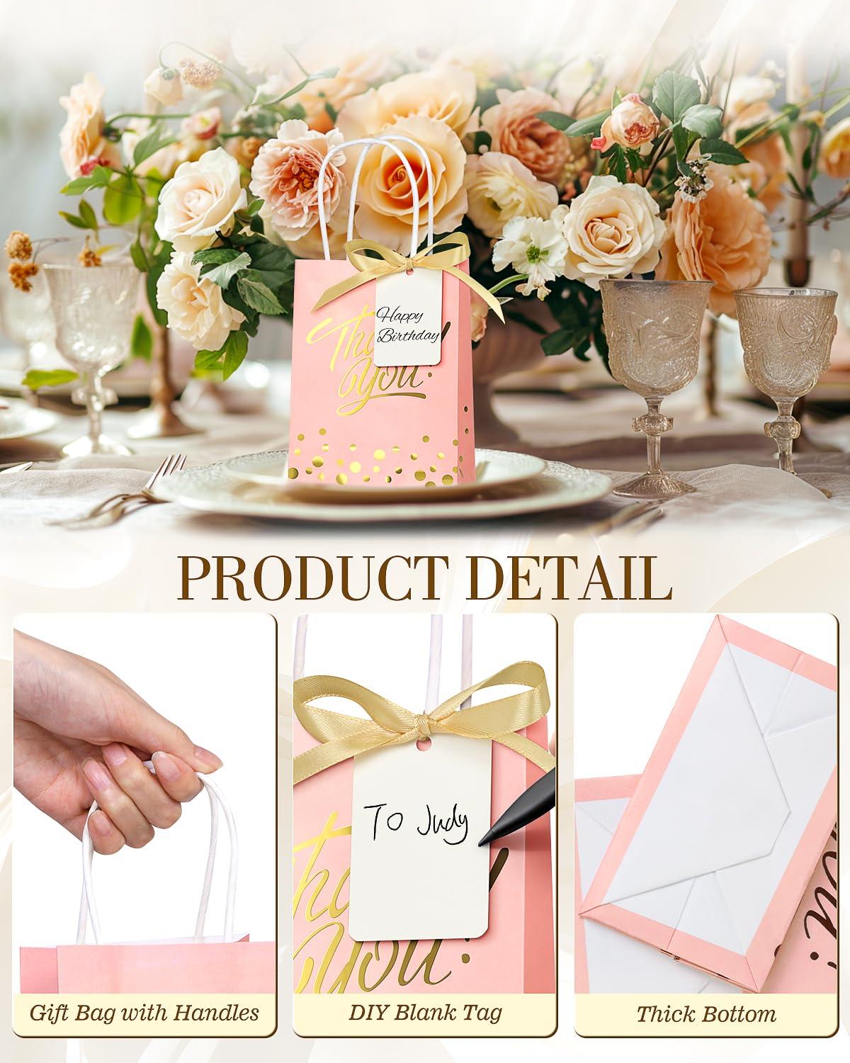 EQOREIIN EQOREIIN 25 Pack Gift Bags with Handles 8.3x6x3.1 Inches Thank You Gift Bags Party Favor Bags Kraft Paper Goodie Bags with Bow Ribbon for Mother\'s Day, Baby Shower, Graduation, Birthday(Pink)