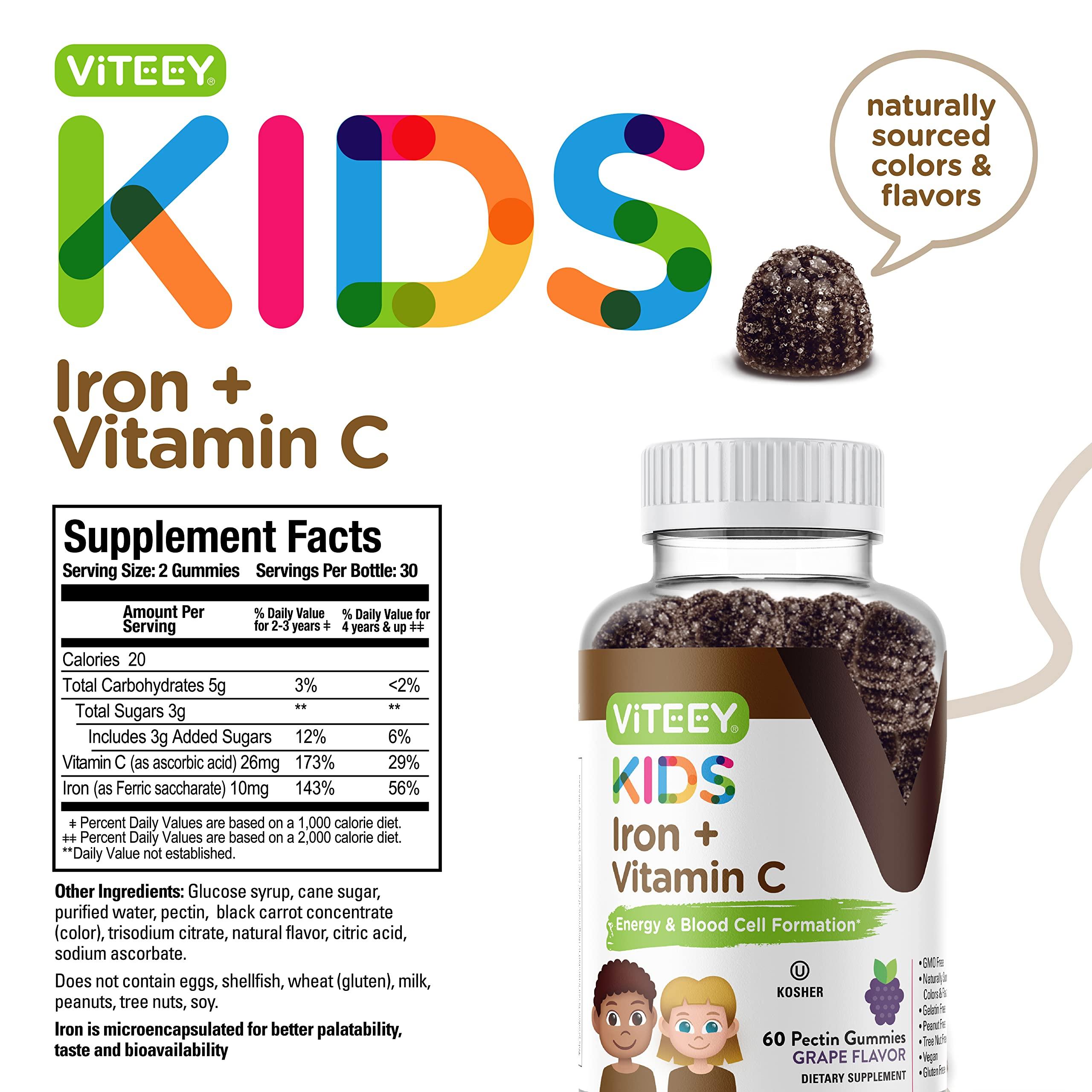 Viteey Iron Gummies for Kids with Vitamin C - Supports Energy, Blood Cell Formulation, Blood Builder Anemia Kids Iron Supplements - Vegan, Gelatin Free, Gluten Free - Tasty Chewable Grape Flavored Gummy
