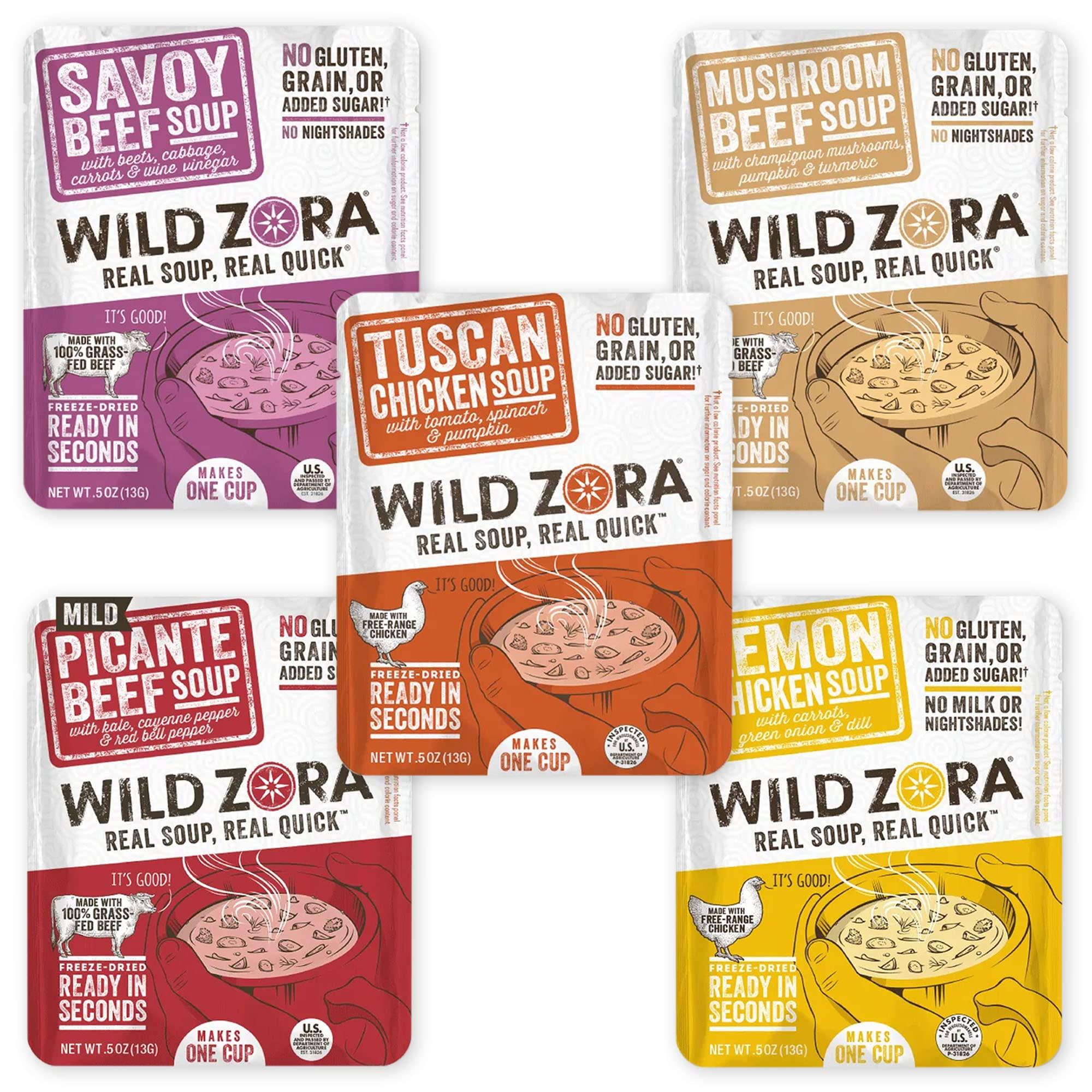WILD ZORA Wild Zora Instant Keto-Friendly Soups 5-Pack Variety, Broth Made with Grass-Fed Beef, Free-Range Chicken, and Vegetables, Gluten-Free, Low Carb, No Added Sugar, Flavorful Pantry Staples - 0.5oz/13g