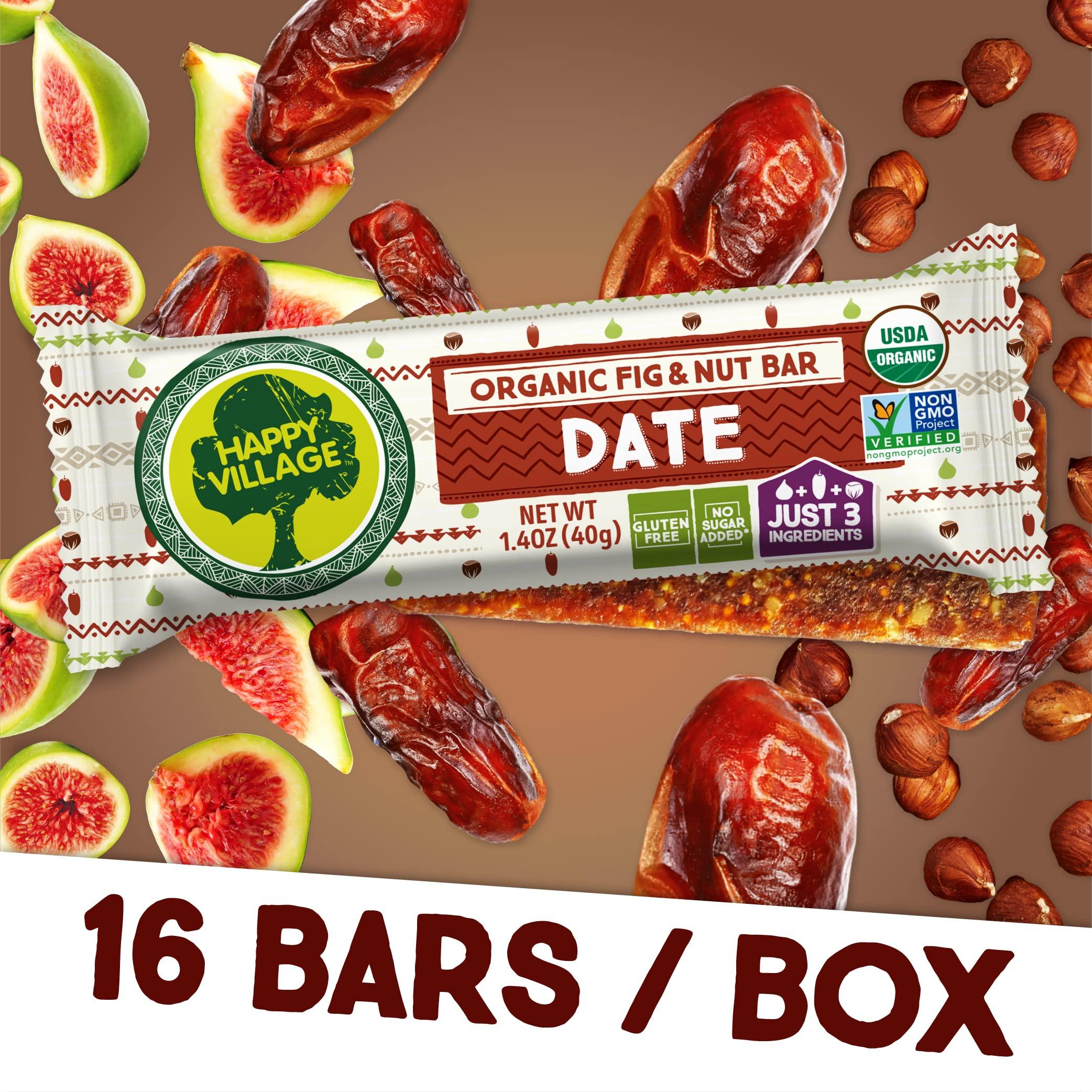 Happy Village Happy Village Organic Fig & Nut Bars, DATE | Only 3 Ingredients, Gluten Free, No Added Sugar, Kosher, Non-GMO, Vegan, Good Source of Fiber | Organic Healthy Snack Bars (16 bars, 1.4 OZ each)