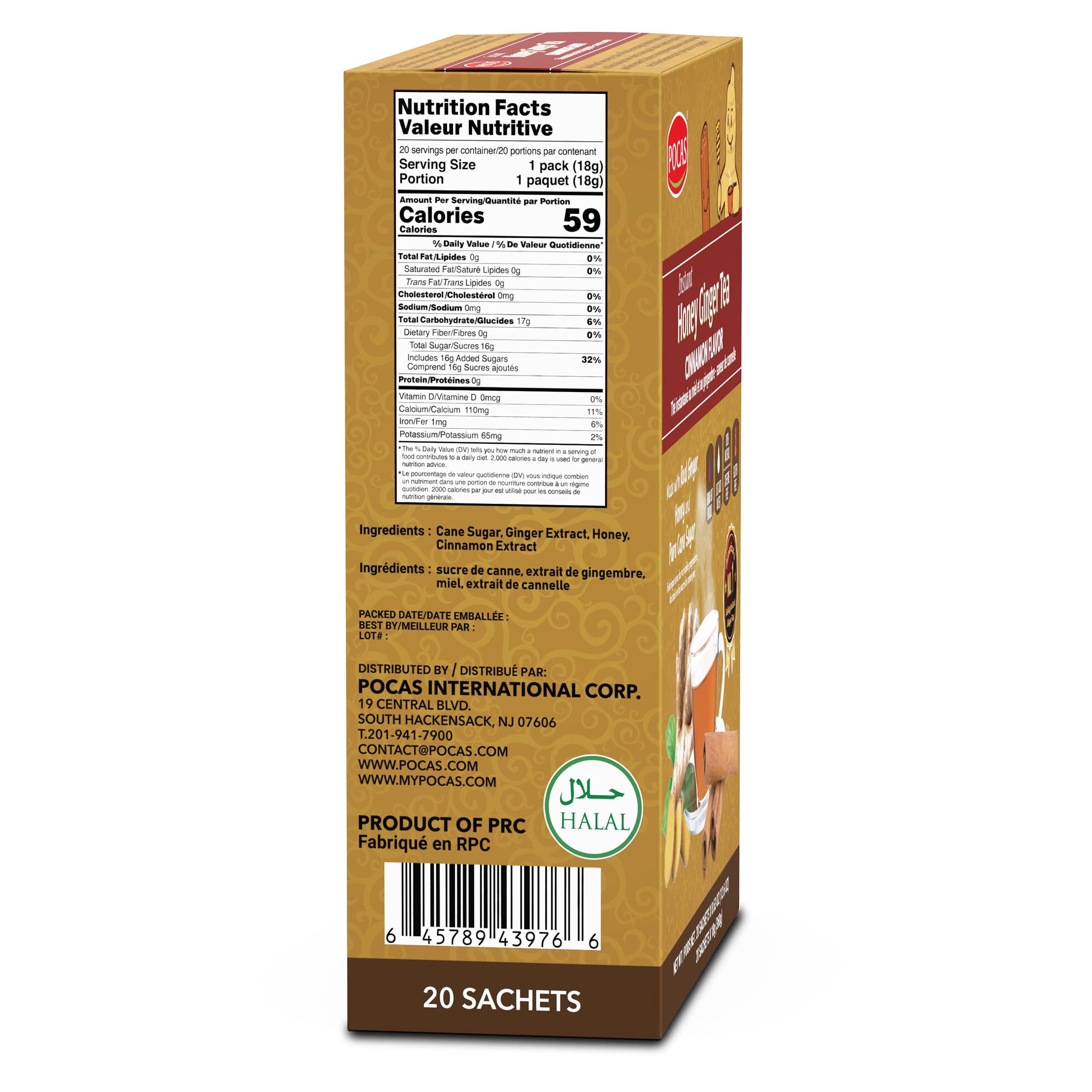 Pocas Pocas Honey Ginger Tea - Instant Tea Powder Packets with Cinnamon & Ginger Honey Crystals Tea, Non-GMO/Gluten Free/Caffeine Free Tea, 20 Count