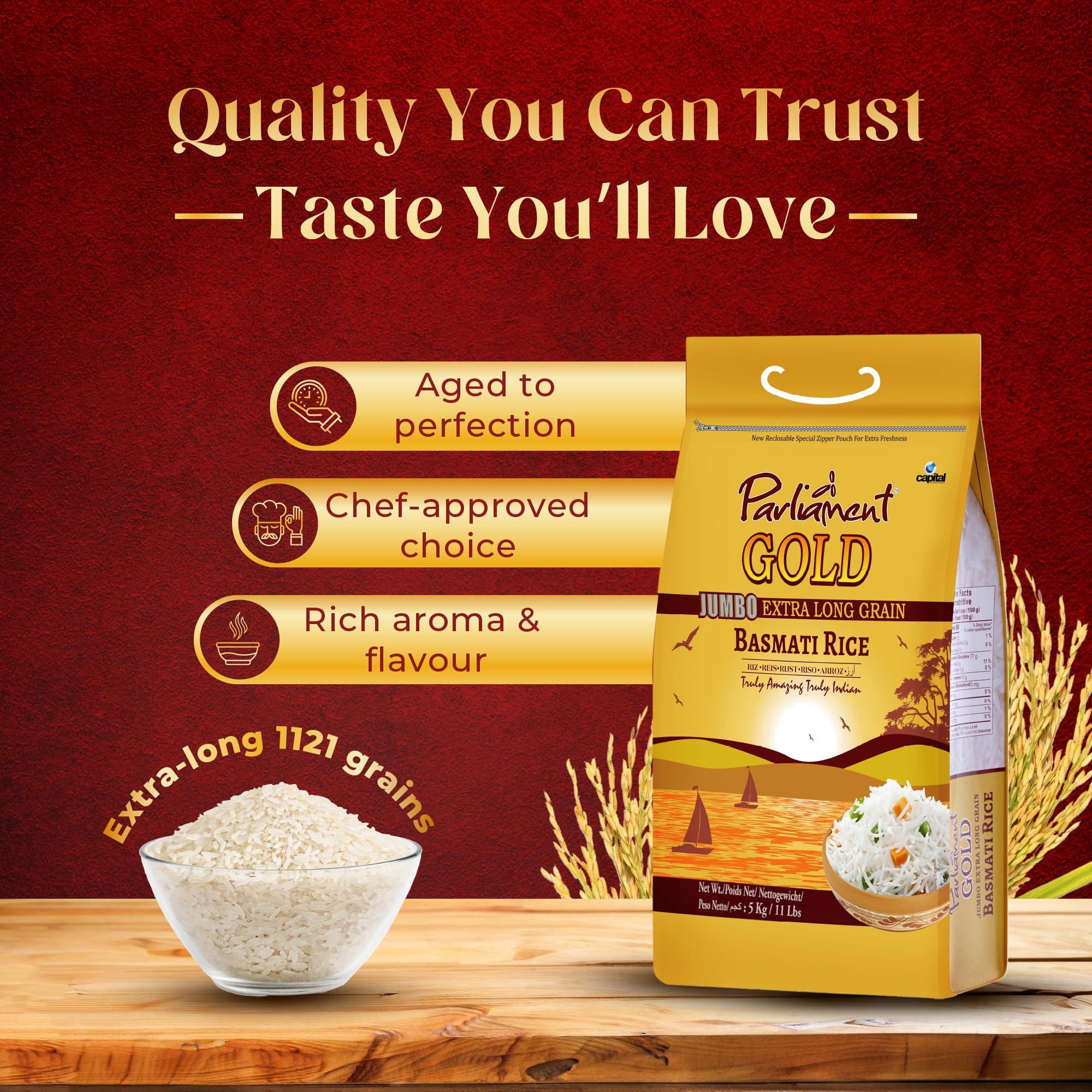 PARLIAMENT GOLD Parliament Gold Jumbo Extra Long Basmati Rice | Indian Risotto | All Natural | Vegan | Gluten Friendly | NON-GMO | Aged Perfection | Luxurious Taste | Product of India (10, Pounds)