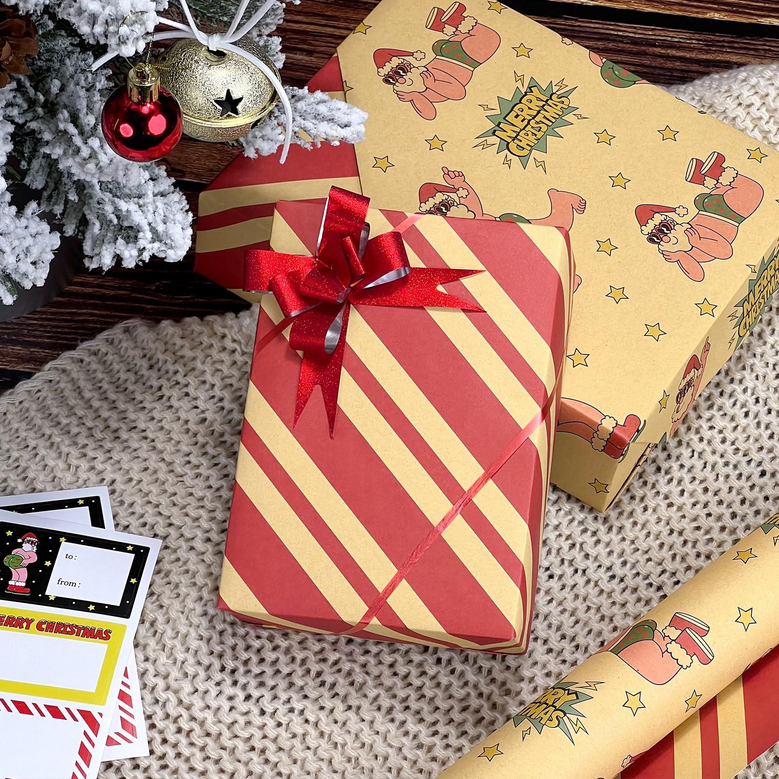 EWES EWES Kraft Christmas Wrapping Paper Brown Set Funny Rolls vintage Santa Claus For Kids Cute Cartoon Thick Gift Wrap Sheets Unique Retro Heavy Duty Reversible Fun Total 28.5sq.ft