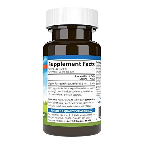 Carlson Carlson - Chelated Copper, 5 mg, Superior Absorption, Cardiovascular Health, Nerve Function & Immune Support, 100 Tablets