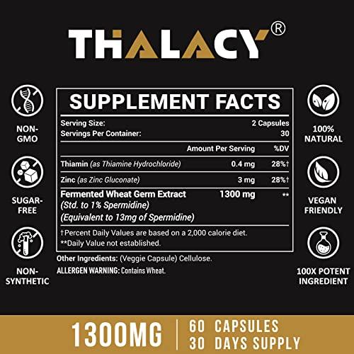 Thalacy Spermidine Supplements 13mg - 1300mg Wheat Germ Extract Capsules Potent Formula with Higher Spermidine Content and Zinc for Healthy Aging, Daily Immune System and Cell Renewal, 120 Capsules