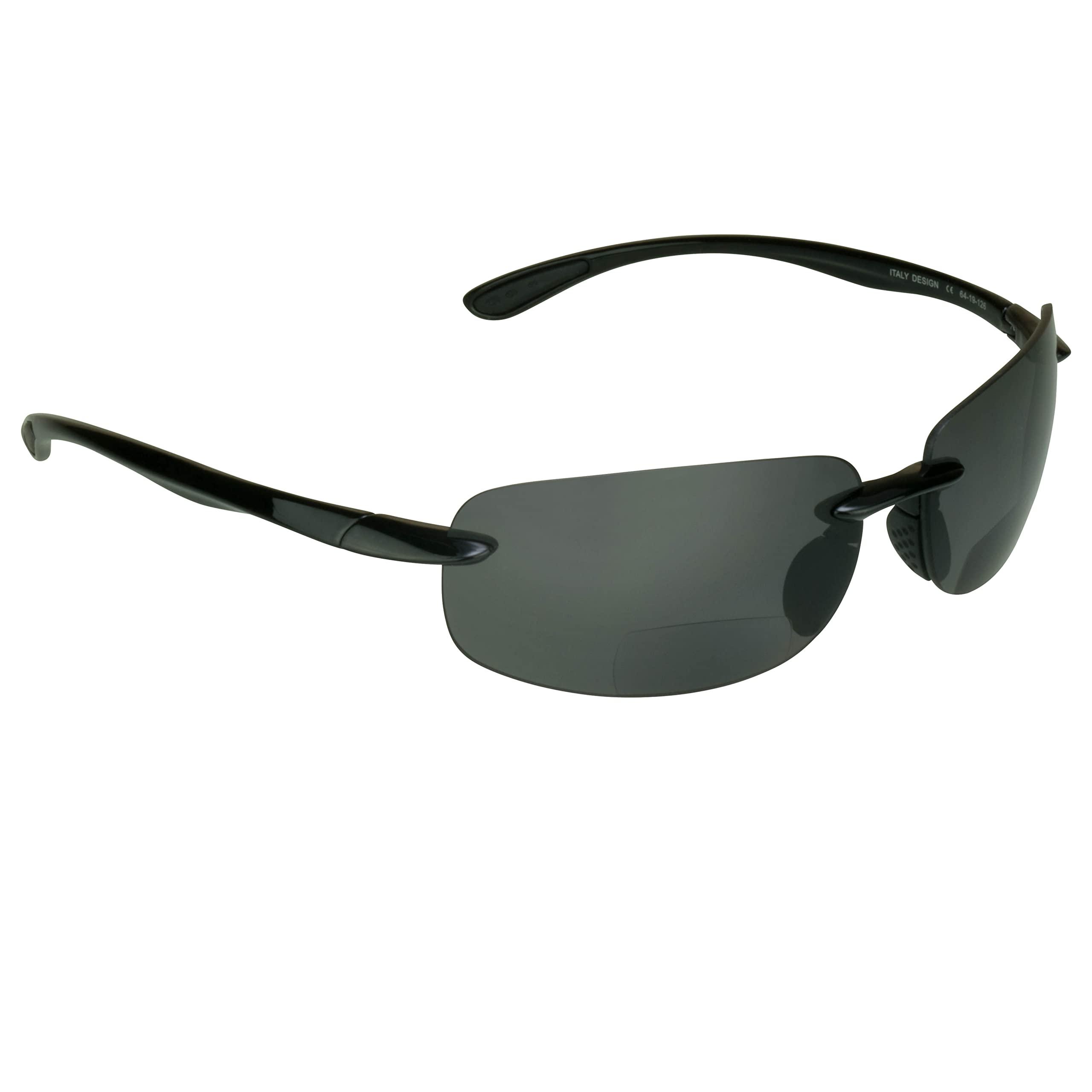 Bikershades Biker Armour Polarized Bifocal Reading +2.00 Sunglasses Rimless Wrap Around Sport TR90 Black Frame Grey Lens