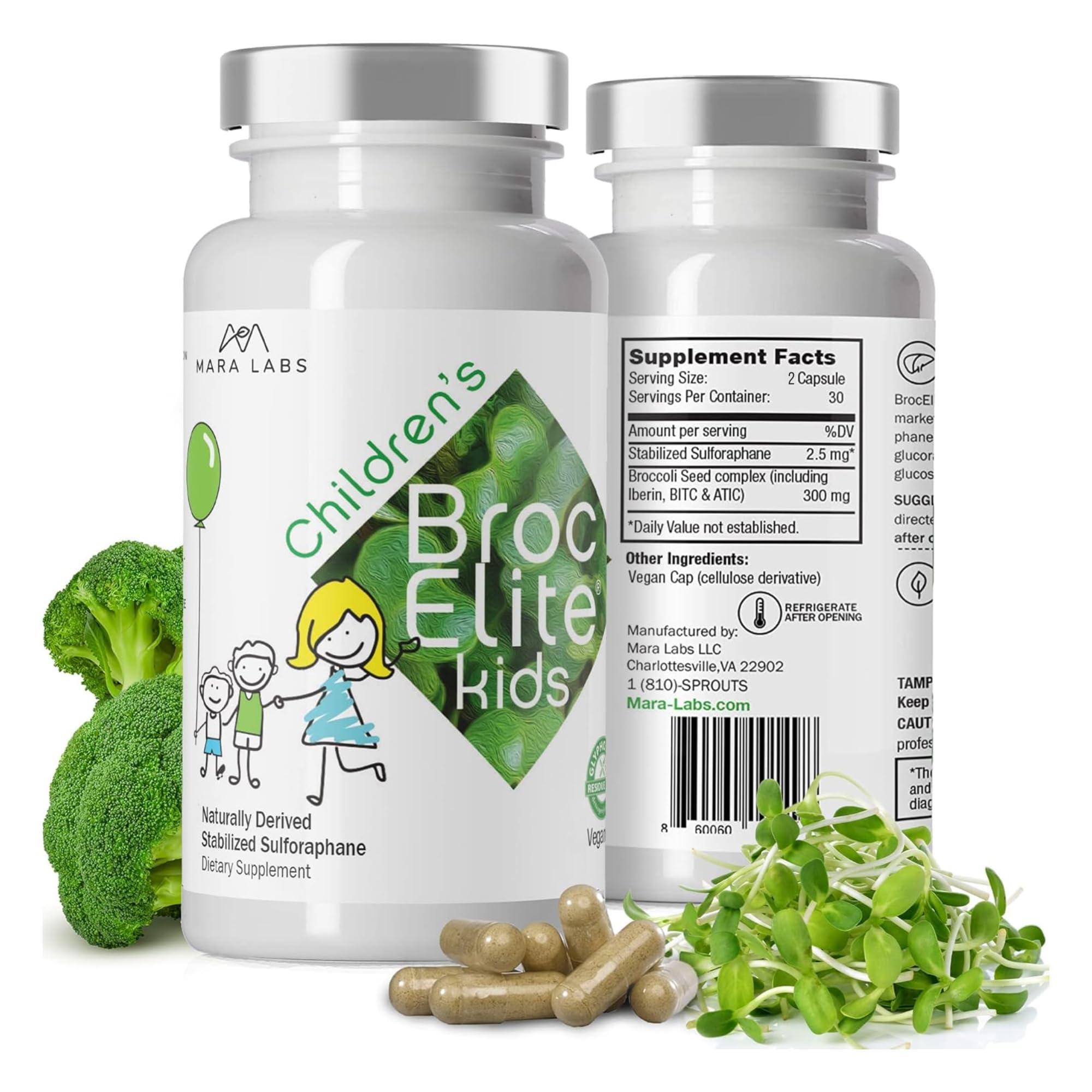 BrocElite Mara Labs Broc Elite Kids | Broccoli Supplement w/Naturally Stabilized Sulforaphane Extract for Children | No Glyphosate Residue | 60 Count