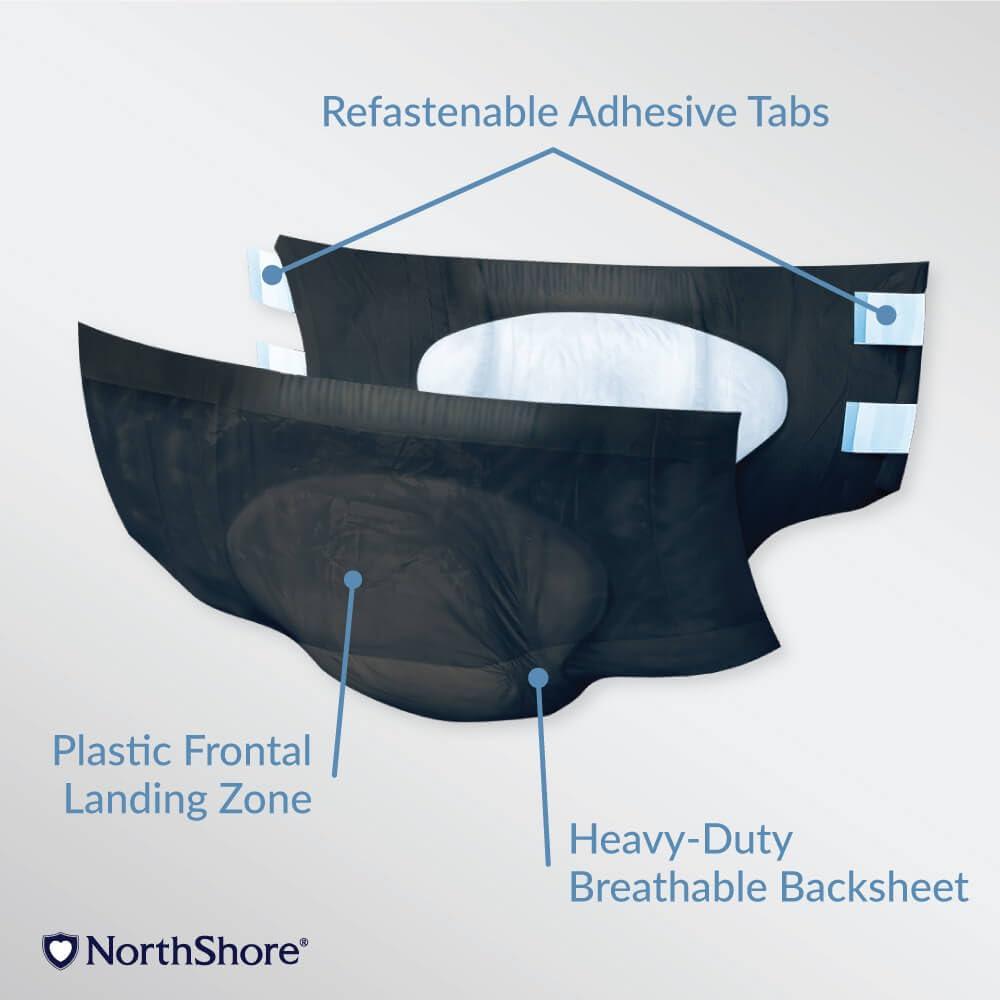 NorthShore NorthShore MegaMax AirLock Breathable 9-Hour Heavy-Duty Tab-Style Adult Diapers, Large, 12 Count Bag, Black, 42-54 inches, Unisex Incontinence Underwear