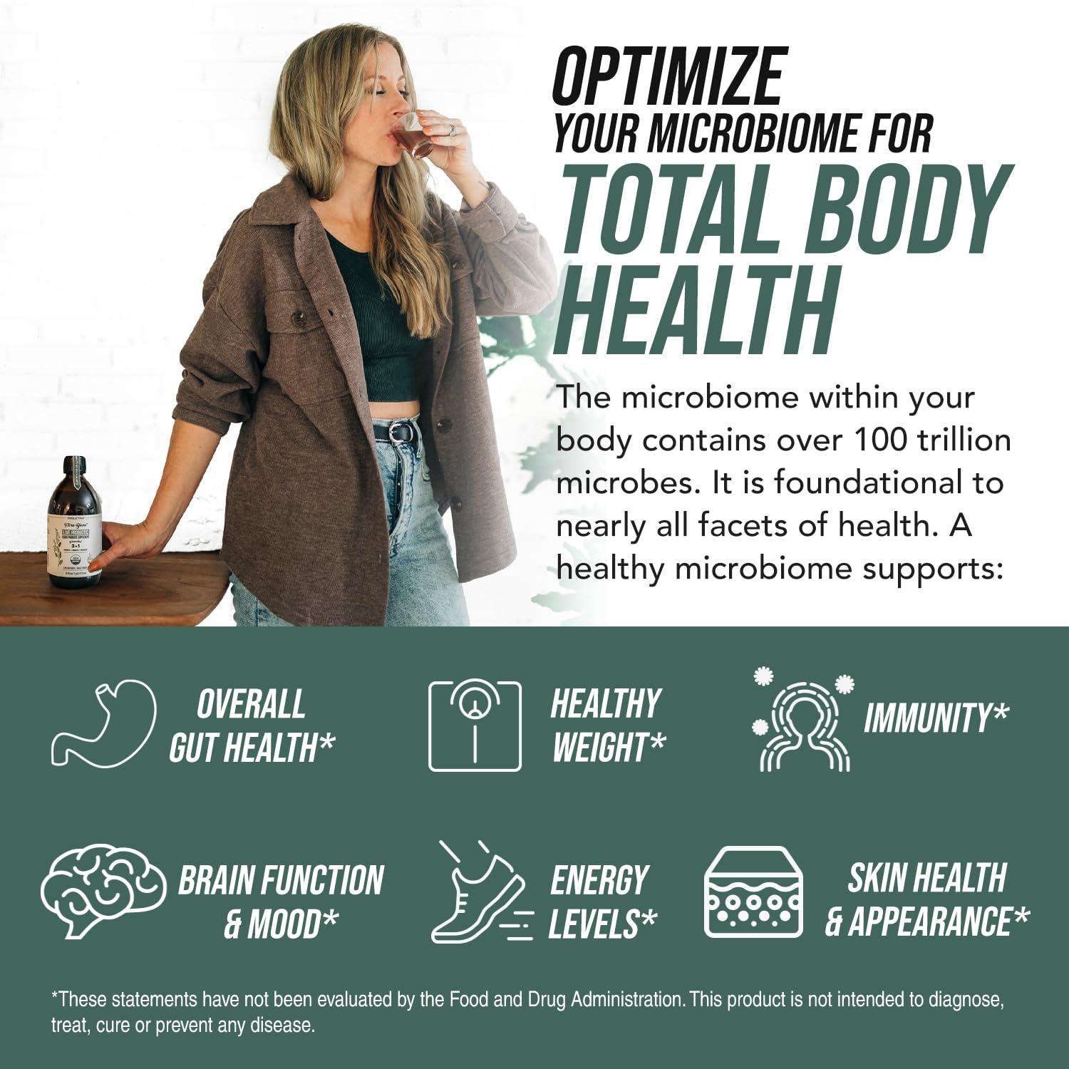 Triquetra Health Flora Biome - Live Probiotic, Prebiotic, & Postbiotic Organic Live-Culture 10 Probiotic Strains, 18 Fermented Herbs - Complete Gut Health & Microbiome Optimizer (16 oz)