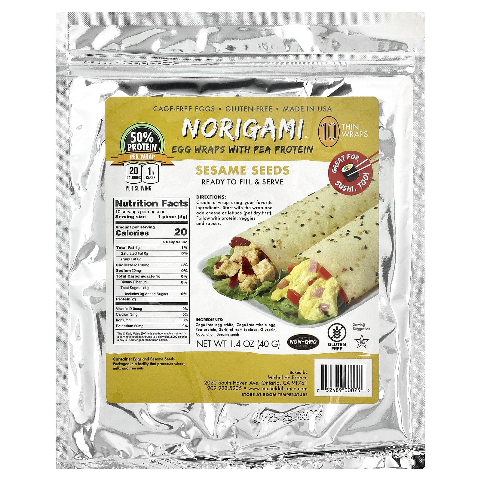 Norigami Norigami Egg Wraps with Pea Protein – Sesame Seeds. High Protein, Low Carb, Vegetarian. Thin Healthy Wraps -Certified Kosher, Non-GMO, Gluten Free -NOW Featuring 10 Wraps in a bag.