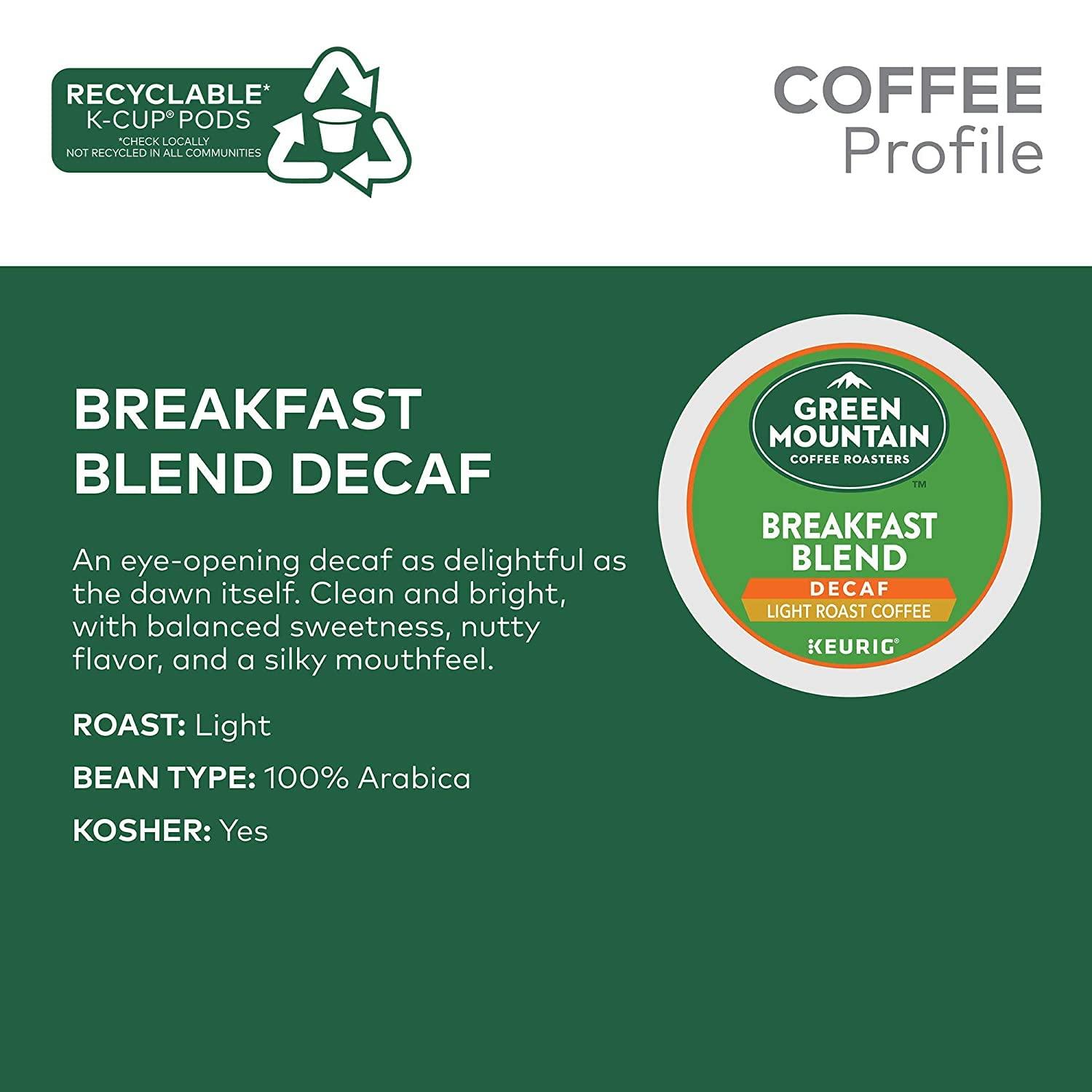 Green Mountain Coffee Roasters Green Mountain Coffee Roasters Decaf Breakfast Blend, Single-Serve Keurig K-Cup Pods, Light Roast Coffee