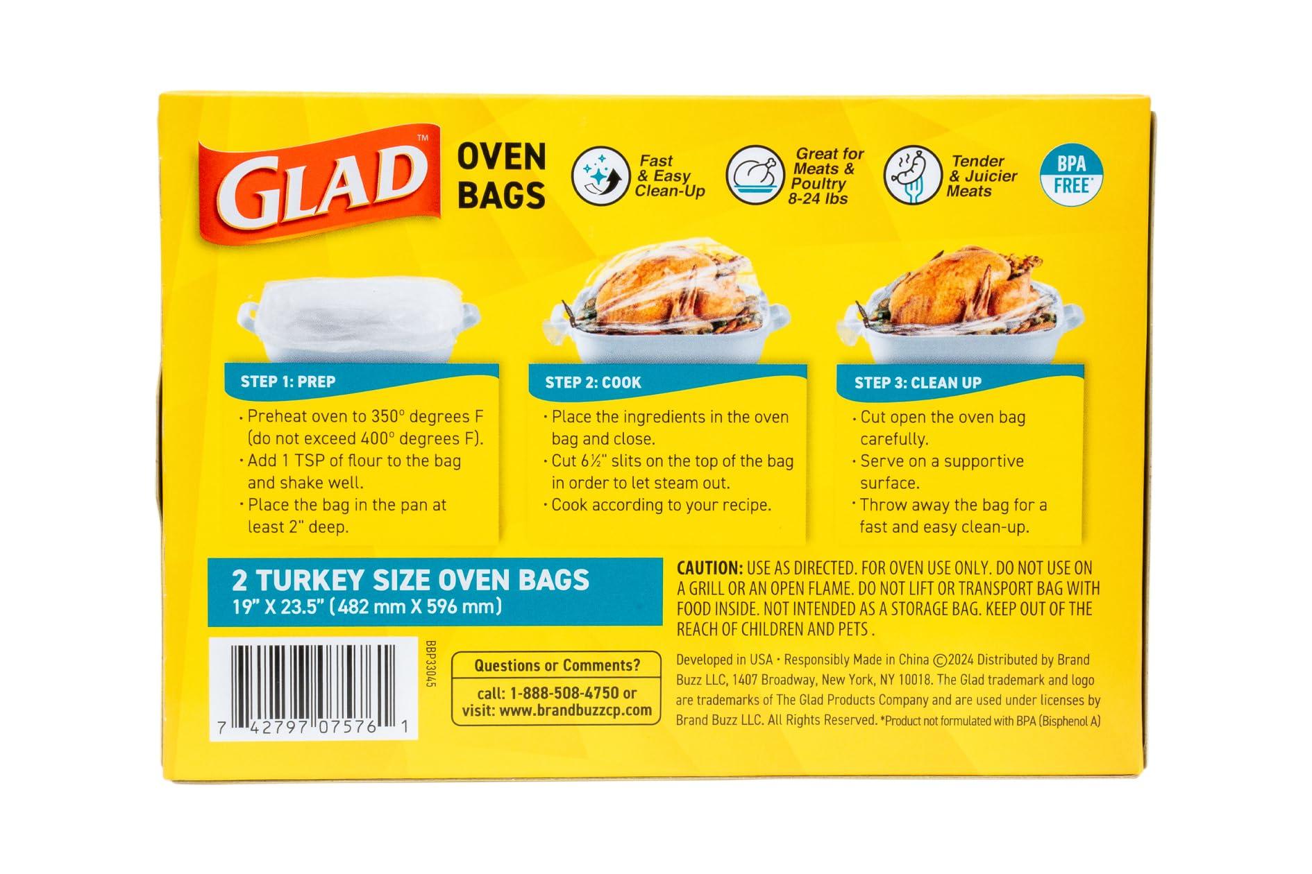 Glad Glad Turkey Size Oven Bags for Meats & Poultry 8-24 lbs BPA-Free* for Tender, Juicy Roasts with Fast & Easy Clean-Up, Turkey Cooking Bags, Roasting Bags, 19" x 23.5" - 2 Count