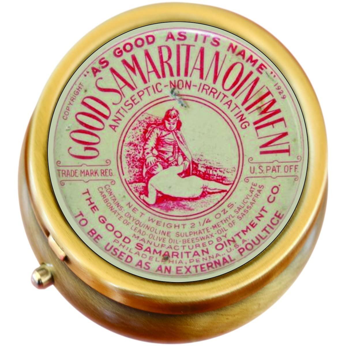 NewCharms Apothecary Vintage Good Samaritan Ointment Lid Brass Pill Box