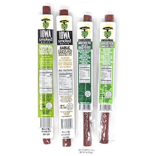 Sogo Snacks Mild Variety, Sogo Snacks, 4 No Sugar, 100% Grass-fed/finished, Non-GMO, Beef Flavors. No Nitrates, Gluten, Soy, MSG, Dairy, Nuts. Keto Friendly (3 Org-ISR, 3 Garlic-ISR, 3 Org, 3 Chimi, 12-cnt, 1-oz)