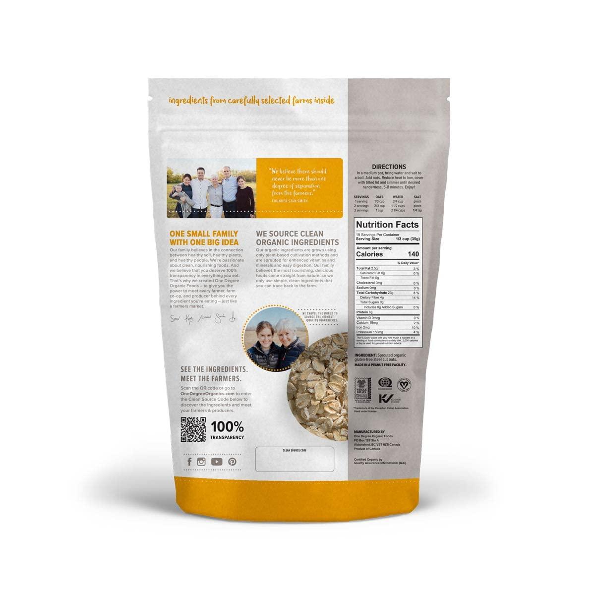 One Degree Organic Foods One Degree Organic Foods Sprouted Rolled Oats, USDA Organic, Non-GMO Gluten Free Oatmeal, 24 oz., 4 Pack
