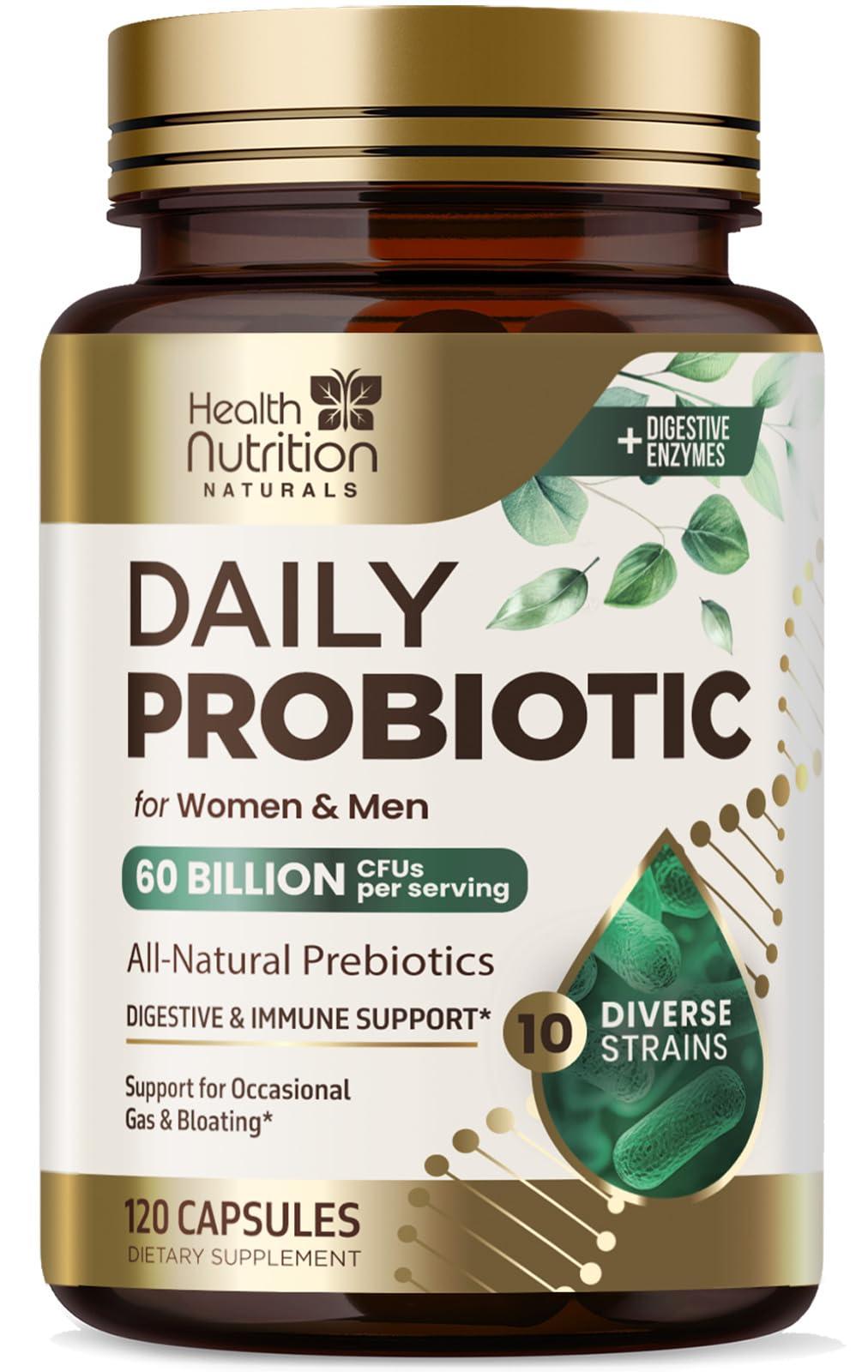 Health Nutrition Naturals Daily Probiotic and Acidophilus Prebiotics Supplement 60 Billion CFU Capsule for Women & Men - 10 Strains Plus Digestive Enzymes - for Bloating Gas & Gut & Immune Health Support - 120 Capsules