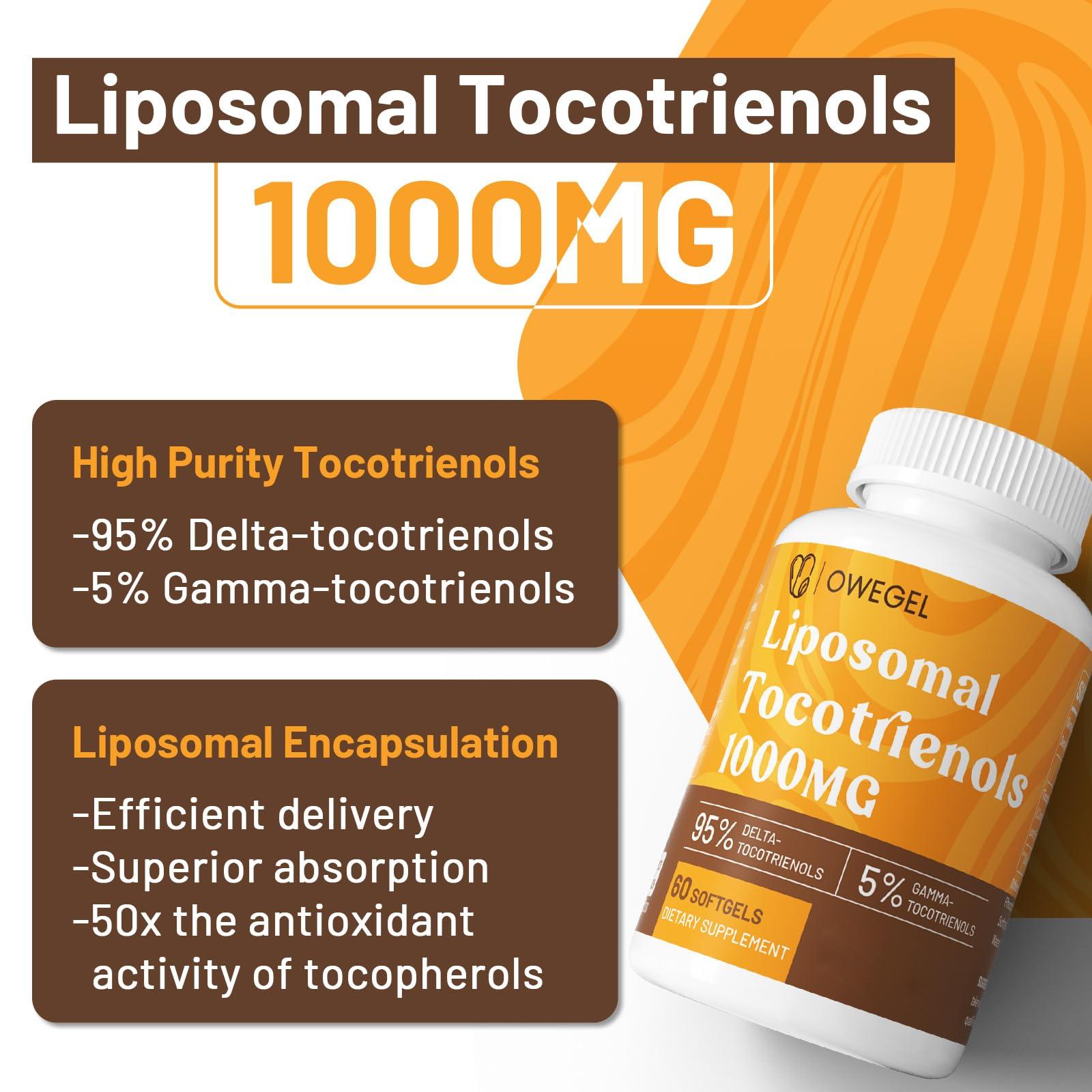 owegel Liposomal Tocotrienols 1000mg - High Bioavailability Vitamin E Tocotrienols Supplements,95% Delta & 5% Gamma Tocotrienol Capsules Support Cardiovascular,Skin,Bone,Antioxidant,300 Softgels