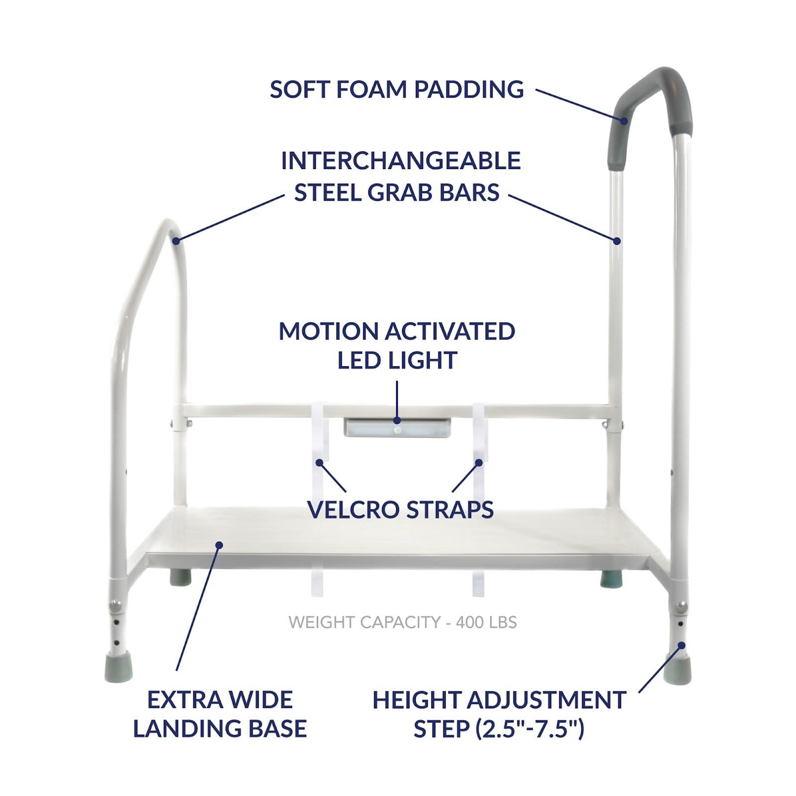 step2bed Step2Bed Bed Rails For Elderly with Adjustable Height Bed Step Stool & LED Light for Fall Prevention - Portable Medical Step Stool comes with Handicap Grab Bars making it easy to get in and out of bed
