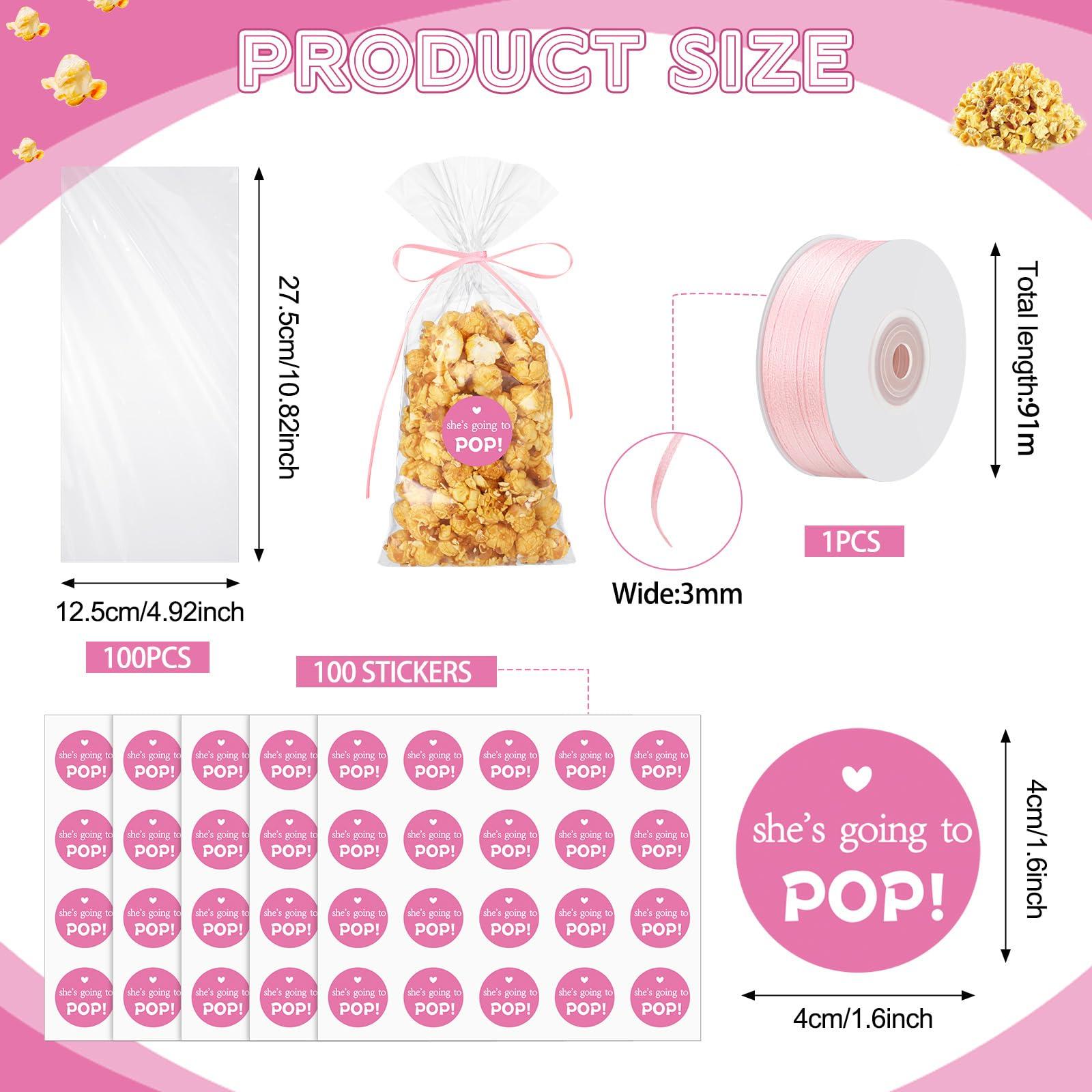 Menkxi Menkxi 100 Pack Clear Popcorn Bags Bulk 4.92 x 10.83 Inch Cellophane Treat Plastic Party Favors Bags with She Is Going to Pop Label and Ribbon for Gift Wrapping, Food Storage, Baby Shower Decor(Pink)