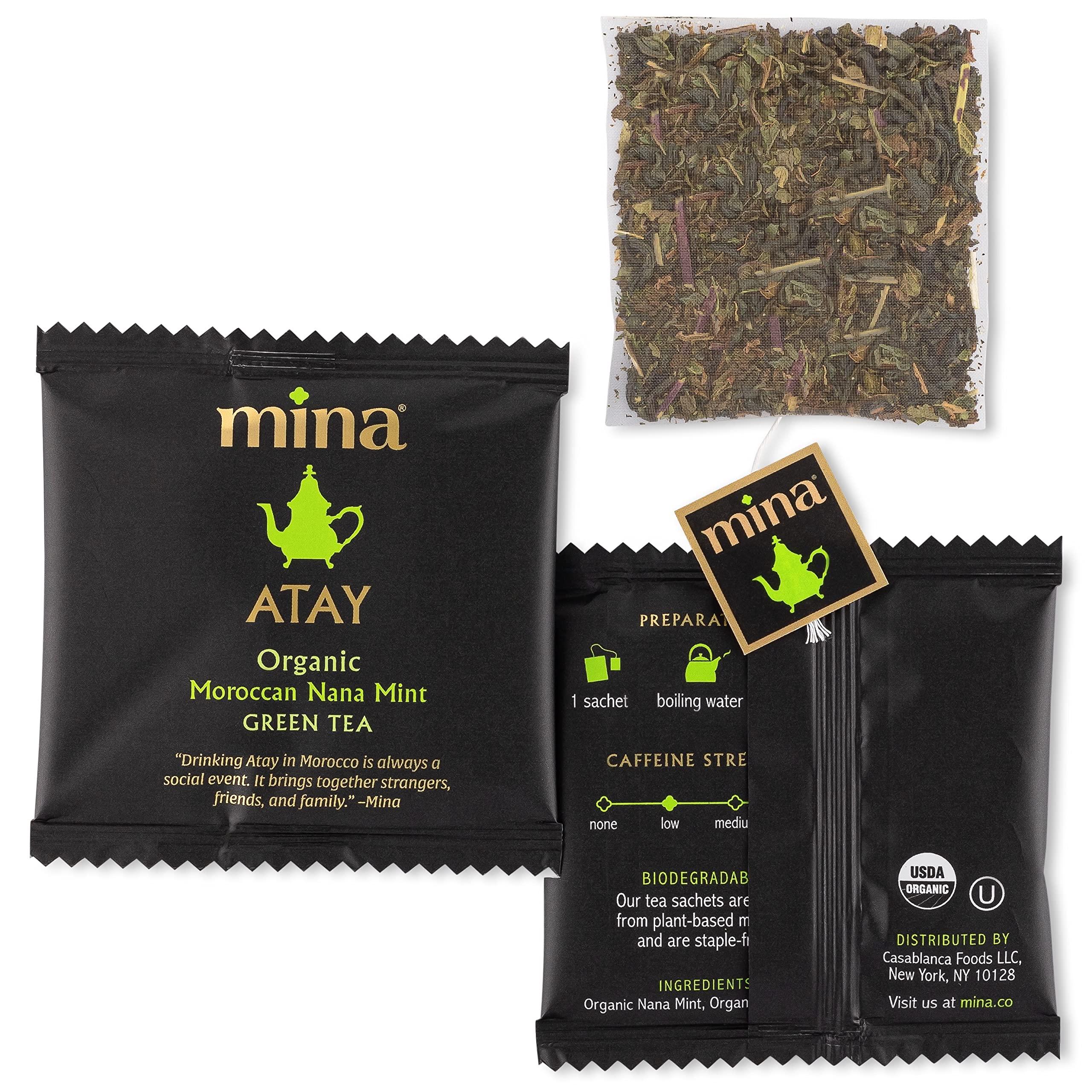 Mina Mina Atay Organic Moroccan Nana Mint Green Tea, 15 Biodegradable Sachets (Pack of 6) - Refreshing Moroccan Mint Tea Bags, Green Tea, Moroccan Mint Green Tea Bags, Low in Caffeine