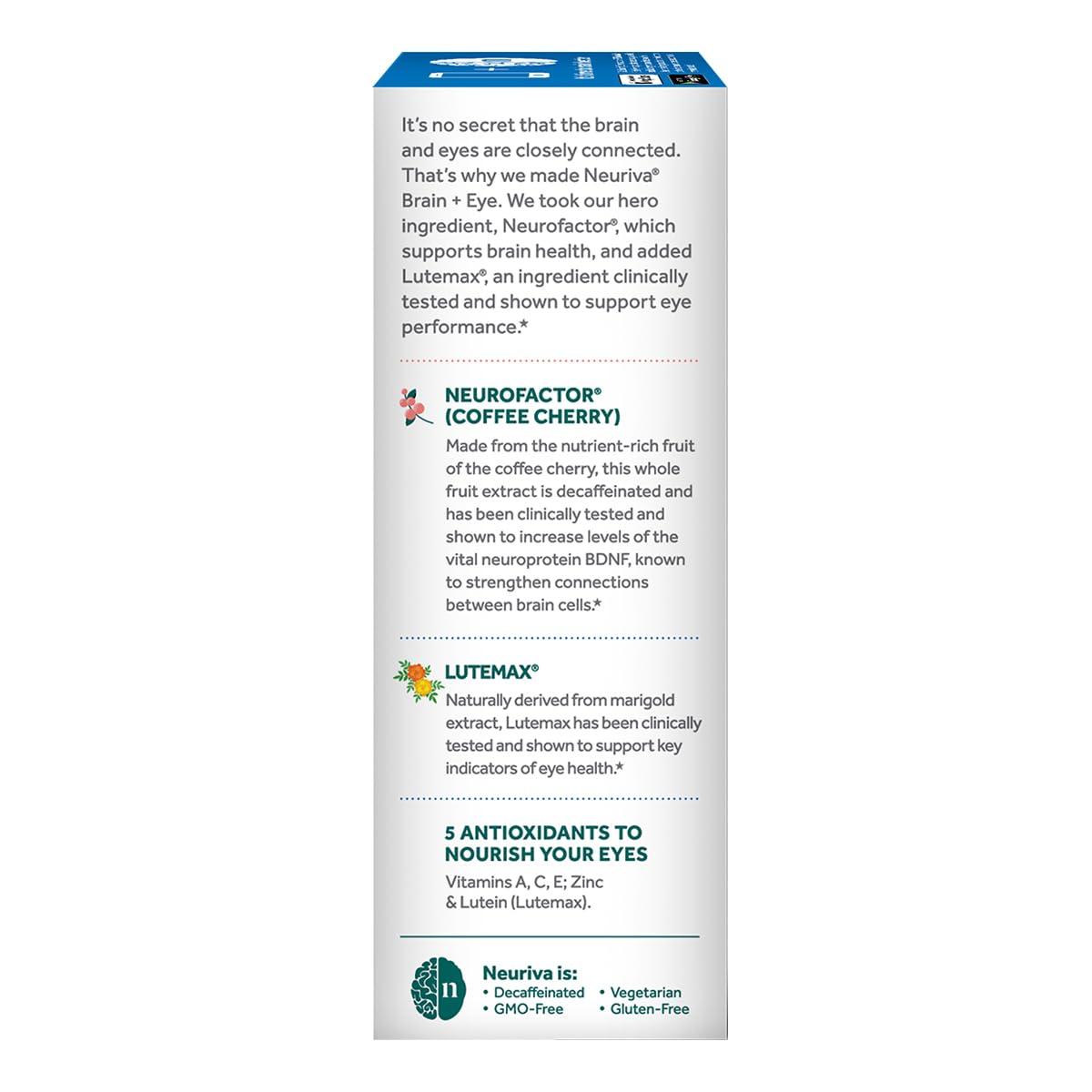 NEURIVA NEURIVA Brain + Eye Supplement for Memory, Focus & Concentration with Clinically Tested Lutein and Zeaxanthin, Vitamins A C & E + Zinc for Eye Health & Filter Blue Light 30 Count Capsules (2 Pack)