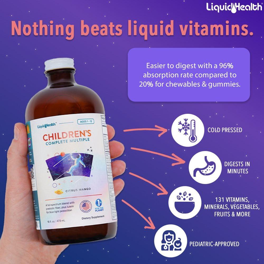 LIQUIDHEALTH LIQUIDHEALTH Children\'s Complete Multivitamin & Attention Teens & Kids Liquid Vitamin Bundle for Children - Whole Body Health, Immune Support, Improve Focus, Concentration, Boost Mood - Vegan, Non-GMO