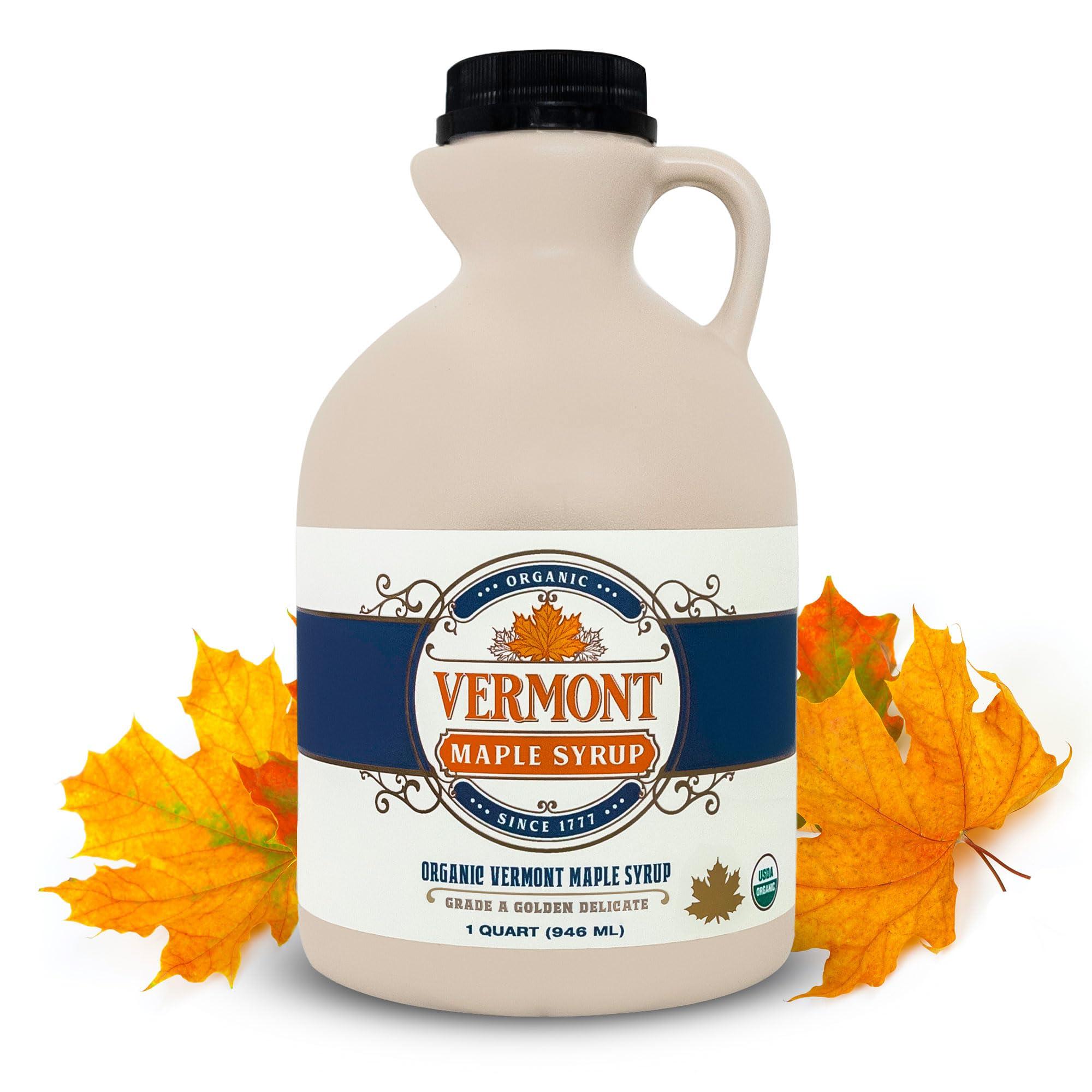 Vermont Maple Syrup Vermont Maple Syrup - 32 oz Grade A, Golden Delicate Organic Maple Syrup - 100% Pure and Authentic Maple Syrup for Pancakes, Waffles and More - Nut free, Gluten Free, Vegan, Paleo