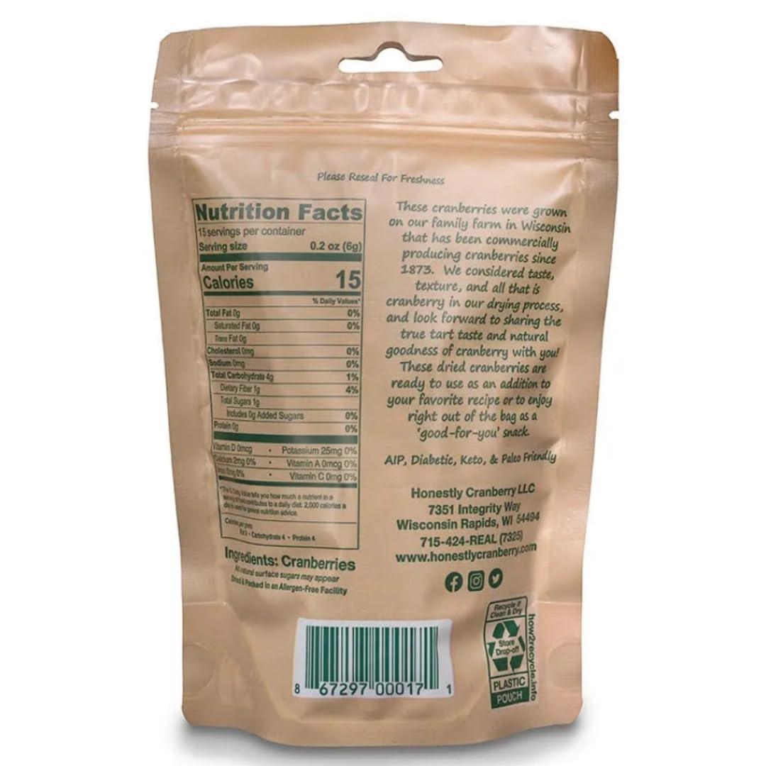 Honestly Cranberry Honestly Cranberry - Unsweetened Dried Cranberries - No Added Sugars, Juices, or Oils - Non-GMO - Wisconsin Grown (3 oz)