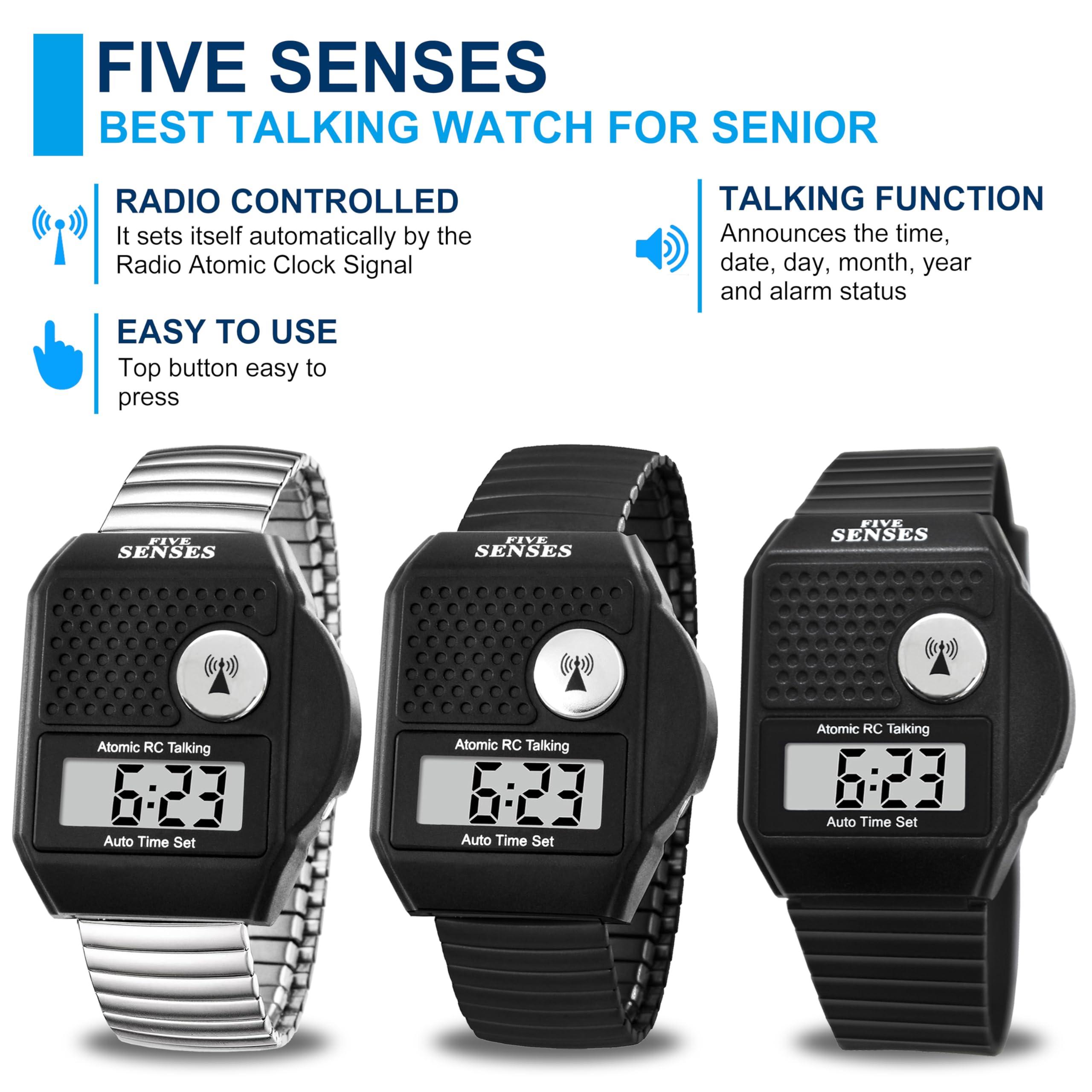 FIVE SENSES FIVE SENSES - English Atomic Talking Watch, Easy to use for Seniors Blind Men Women, Loud Talking Watch with Sound for Vision Impaired, Elderly Women, Blind People Products 1095 (Black)