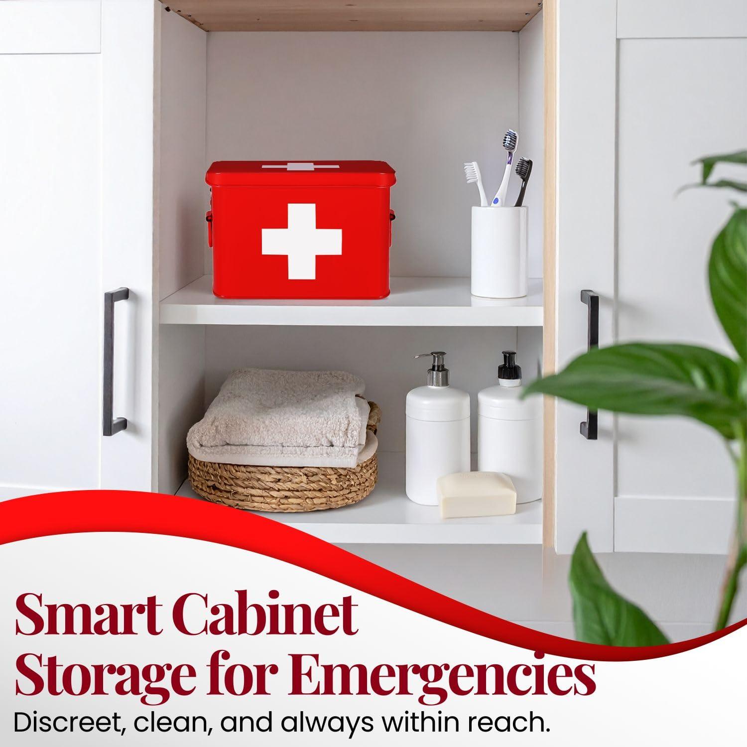 Flexzion Flexzion First Aid Box Organizer, Empty 8.5 Inch Red Vintage First Aid Kit Tin Metal Medical Box First Aid Storage Box Container Bins with Dividers, Removable Tray and Cross Logo