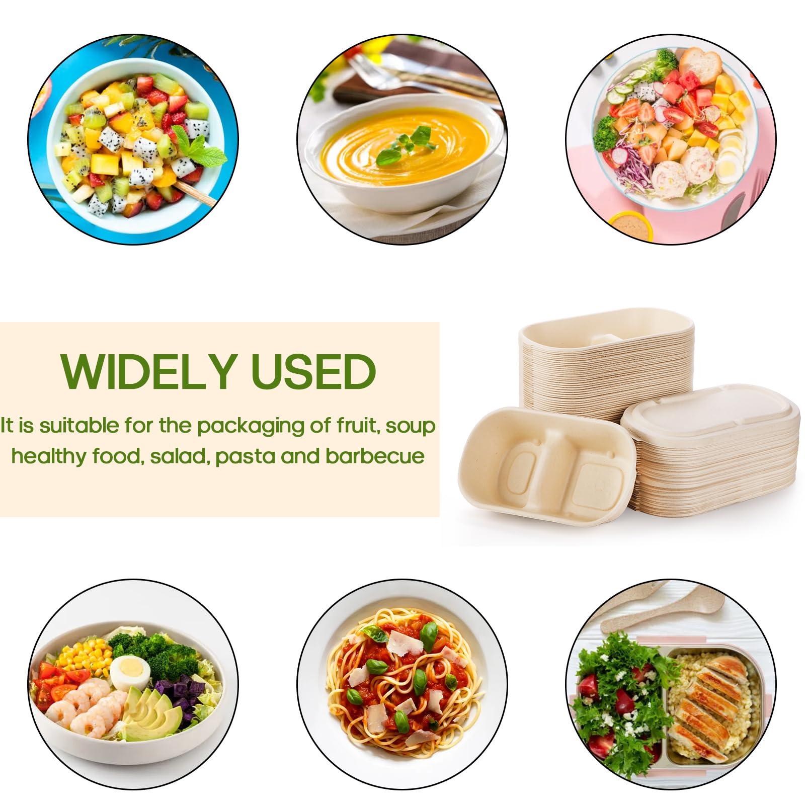 Yesland Yesland 50 Pcs Compostable Take Out Food Containers with Lid, 33 oz Bagasse to Go Container 2 Compartment Rectangular Disposable Paper Bowl, Meal Prep Food Container for Salad Leftovers