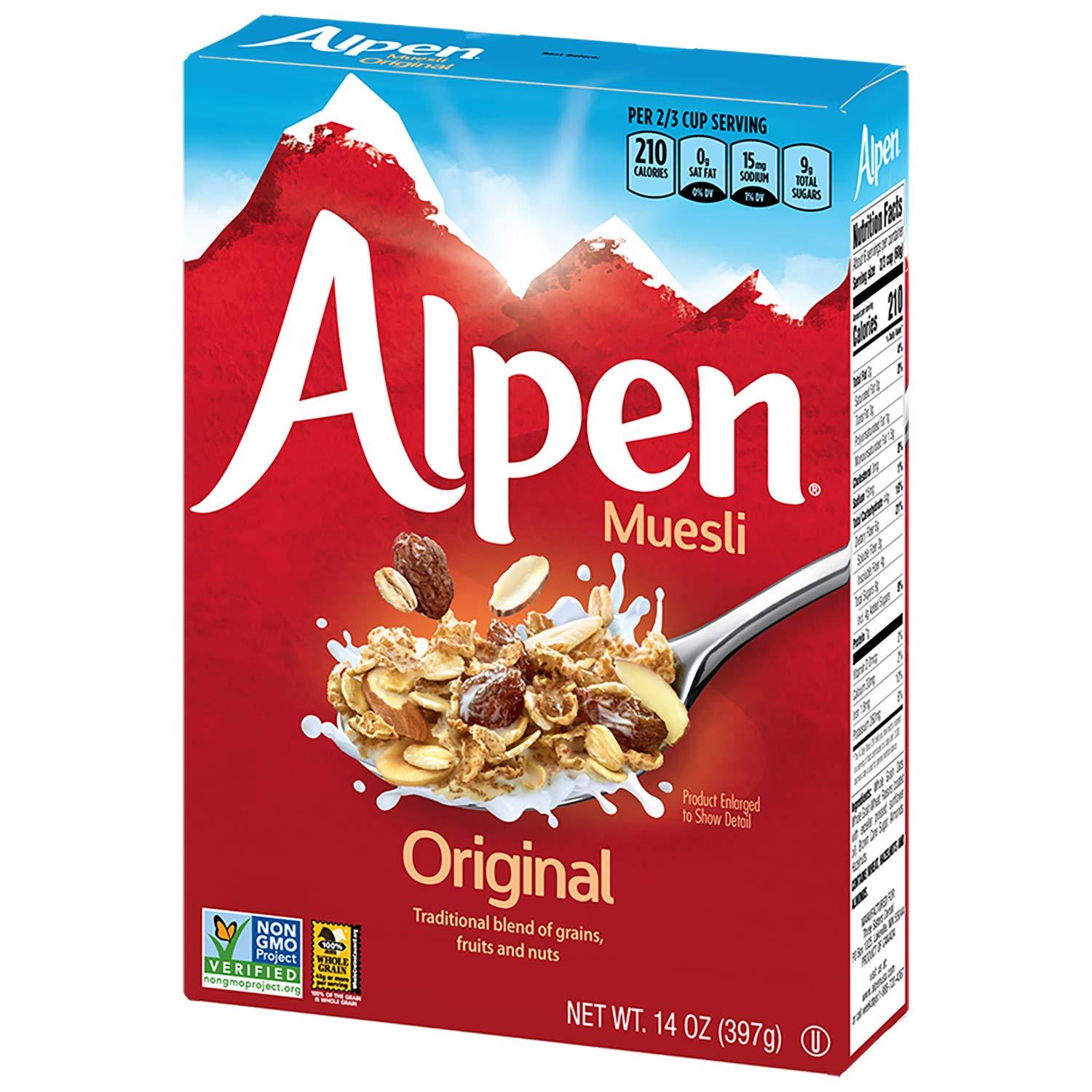Three Sisters Alpen Original Muesli, Swiss Style Muesli Cereal, Whole Grain, Non-GMO Project Verified, Heart Healthy, Kosher, Vegan, 14 Oz Box