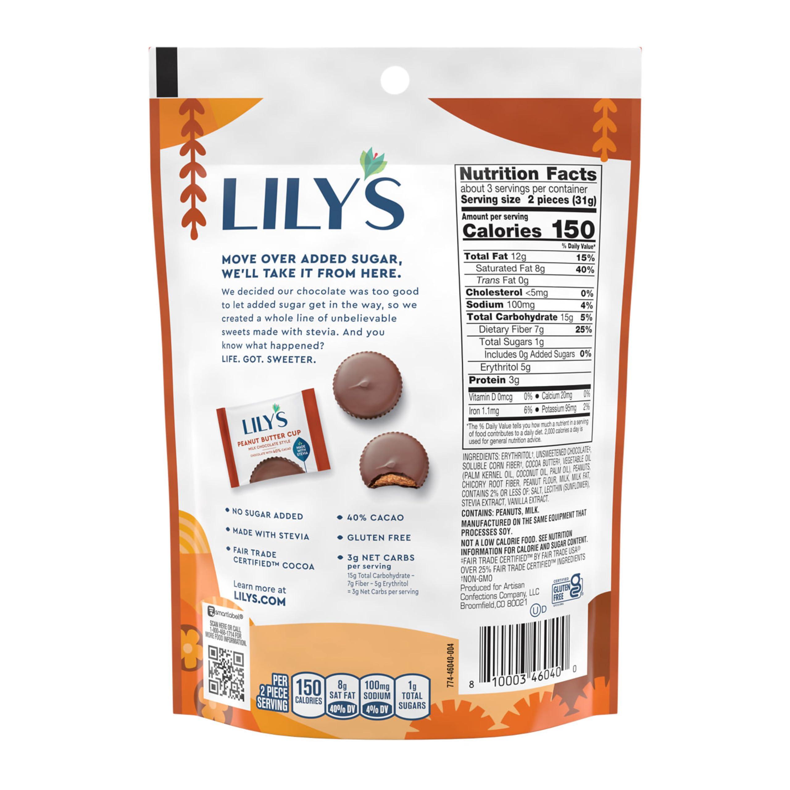 Lily's LILY\'S Milk Chocolate Style Peanut Butter Cups No Sugar Added, Sweets Bag, 3.2 oz