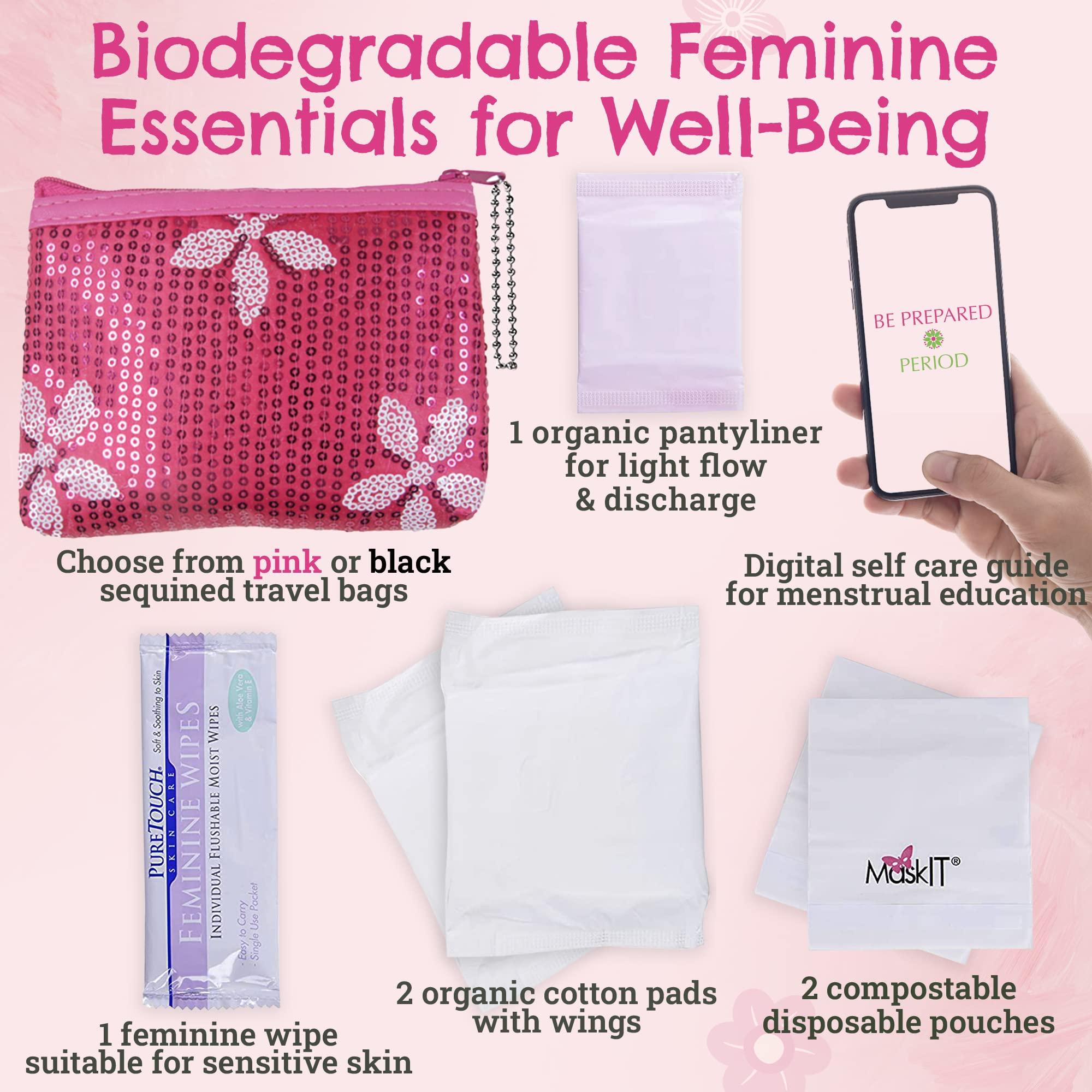 Be Prepared. Period. First Period Kit To-go! - Organic Biodegradable Tween Pads & Liner - Period Bags for Teen Girls for School - Period Pouch & Teen Pads for Girls Ages 11-14, Teen Pads for Periods - Pads for Teens Girls