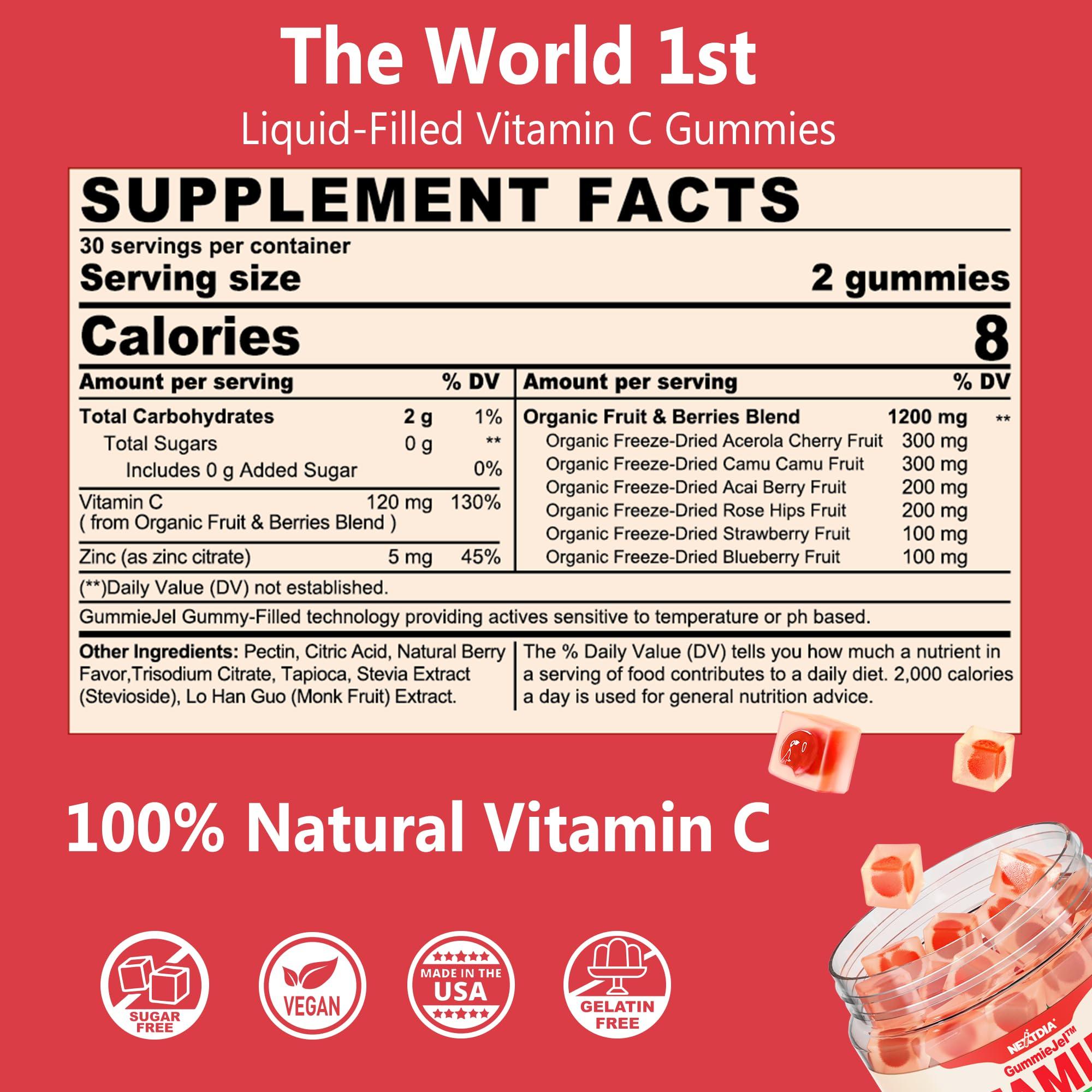 NextDia Whole Food Vitamin C Gummies for Adults & Kids, Zero Sugar, Natural Antioxidants, Bioflavonoids, Organic Vitamin C Supplement for Immune & Collagen Support, High Absorption, Vegan, Chewable, 60 Cts