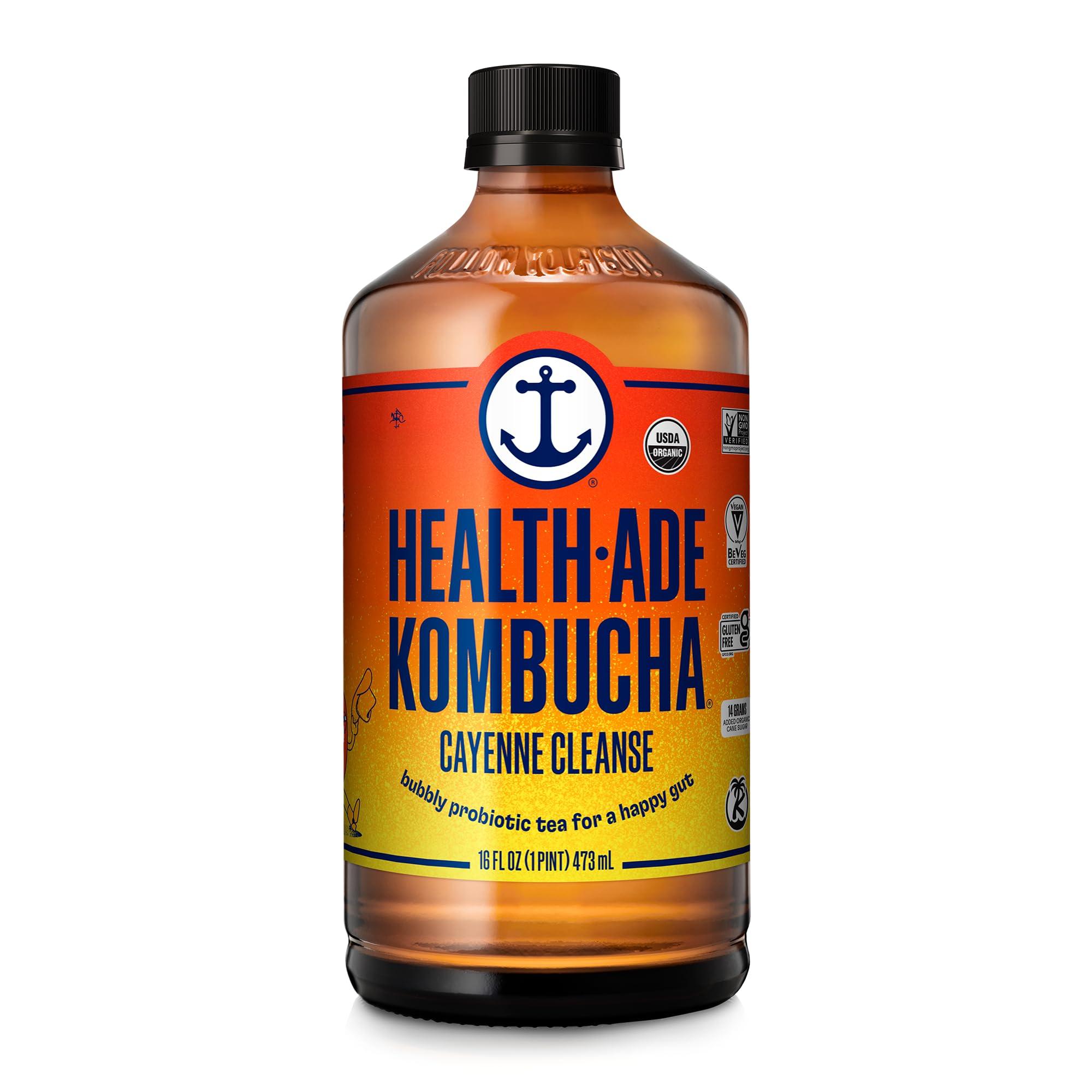 Health-Ade Health-Ade Kombucha Tea Organic Drink, Fermented Tea with Living Probiotics, Detoxifying Acids, Supports Gut Health, Non-GMO, Vegan, Gluten Free, 12 Pack (16 Fl Oz Bottles), Cayenne Cleanse