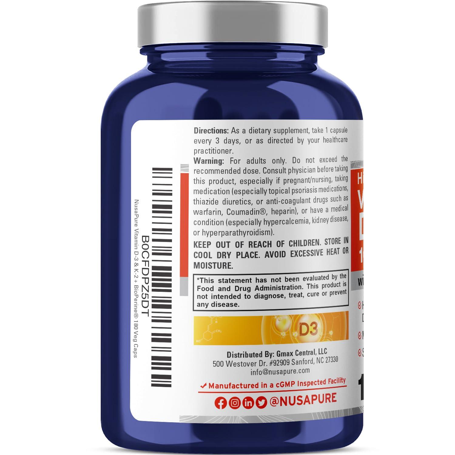 NusaPure NusaPure Vitamin K2 (MK7) (200mcg) + Vitamin D3 (10000 IU) 180 Veg Caps - Bioperine, Soyfree, Non-GMO