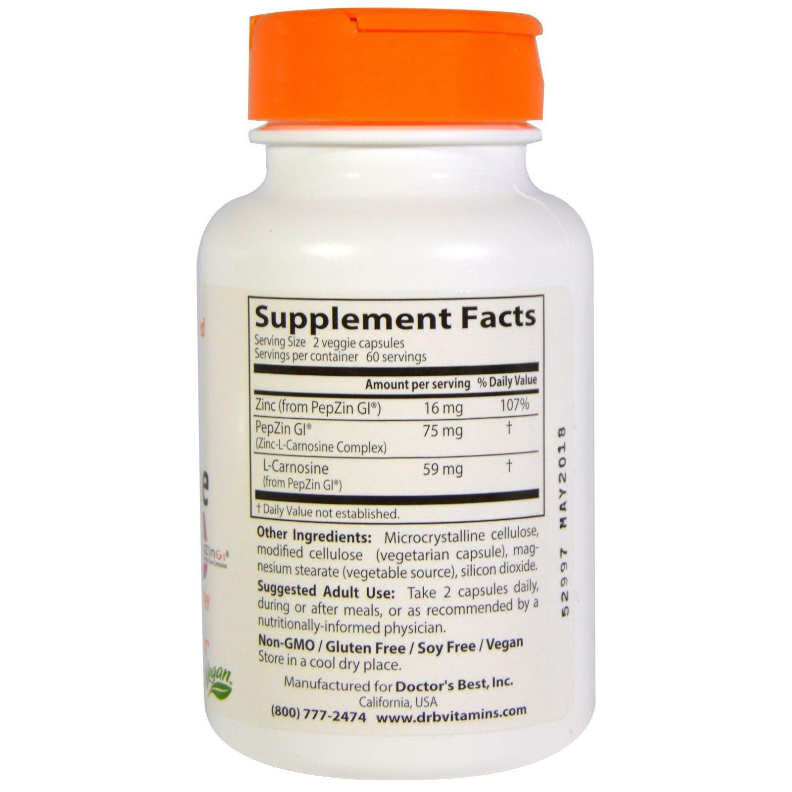 Doctor's Best Doctor'S Best Zinc Carnosine Complex With Pepzin Gi Veggie Caps, 120 Count