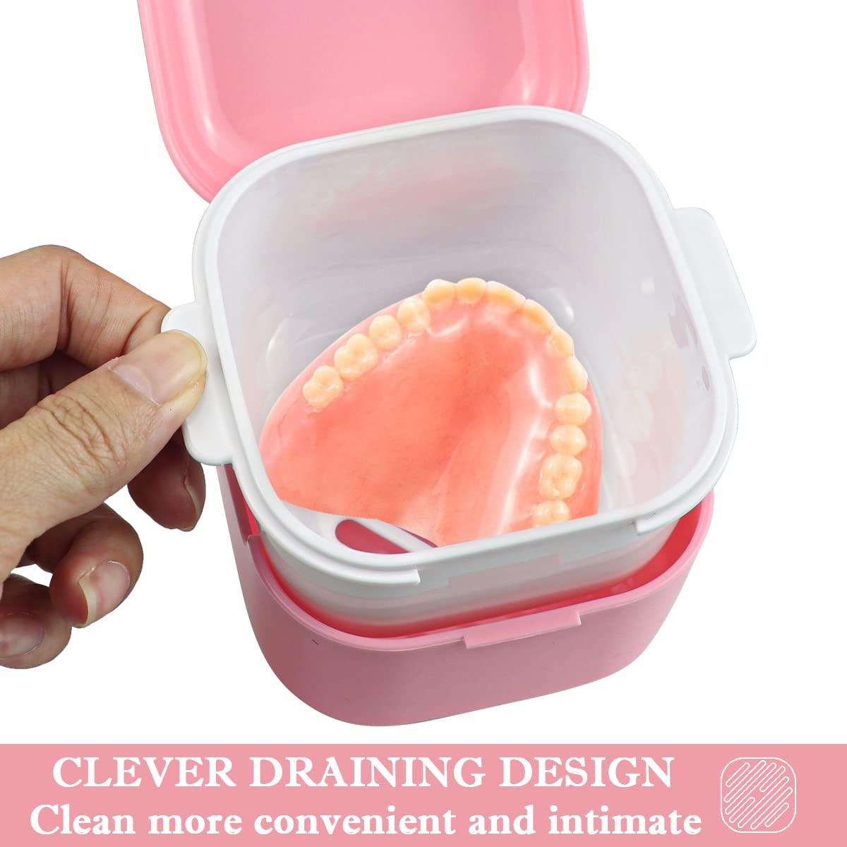 FERCAISH Denture Soak Container, Portable Denture Bath Box Cup, No-Leak Denture case,Retainer Cleaning Box Complete Clean Care for Dentures, Clear Braces, Mouth Guard, Night Guard & Retainers(Red)