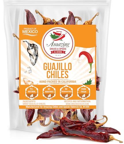 Amazing Chiles & Spices Guajillo Chiles Peppers Dried Whole 5 oz – Natural and Premium. Great For Mexican Recipes Like Mole, Tamales, Salsa, Meats. Mild to Medium Heat, Complex Fruity Flavor. Resealable Bag.…