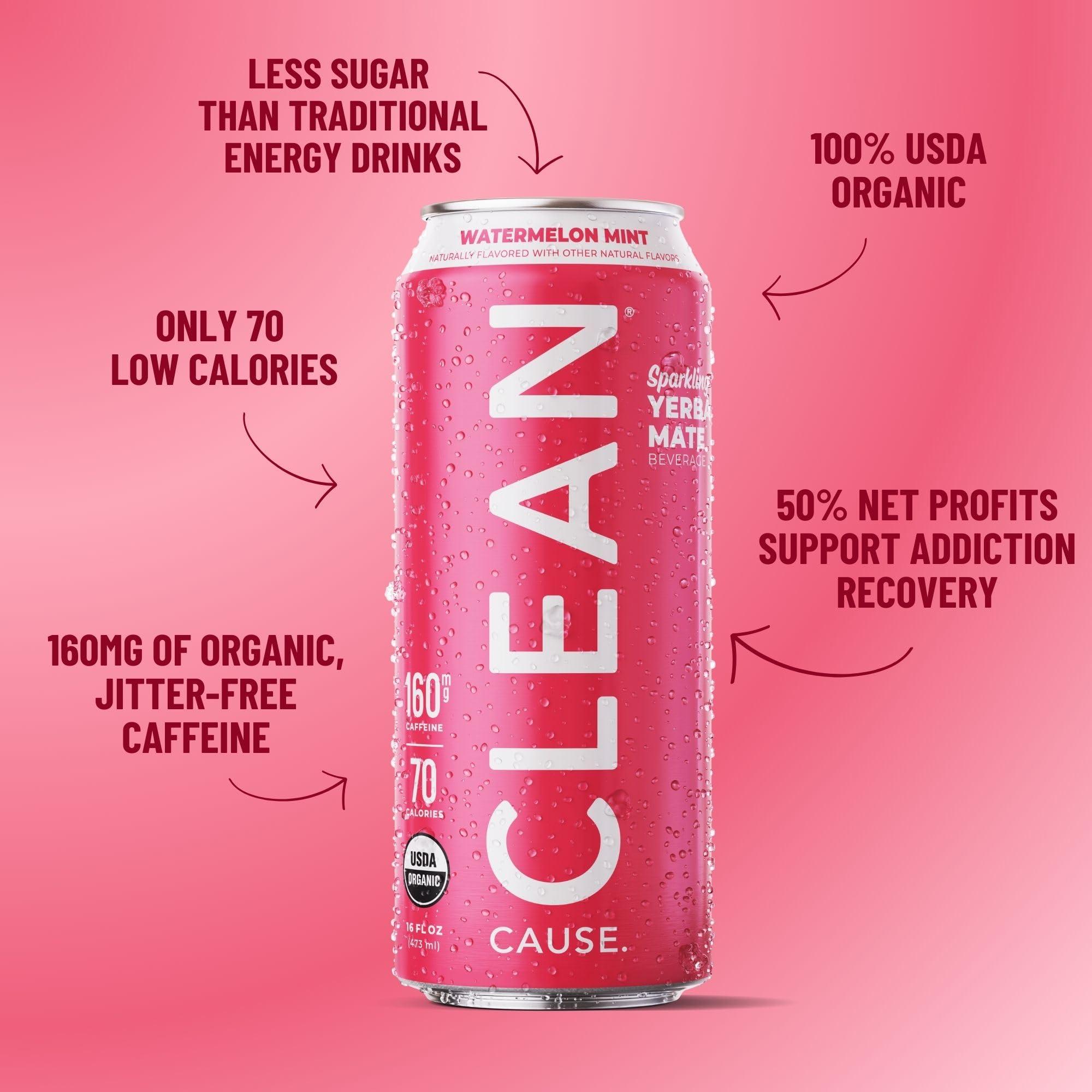 CLEAN CAUSE. CLEAN Cause Low Calorie Watermelon Mint Sparkling Yerba Mate Tea, 160mg Caffeine, Organic, Low Sugar, Healthy Alternative to Energy Drinks (16oz cans, 12-Pack Case)