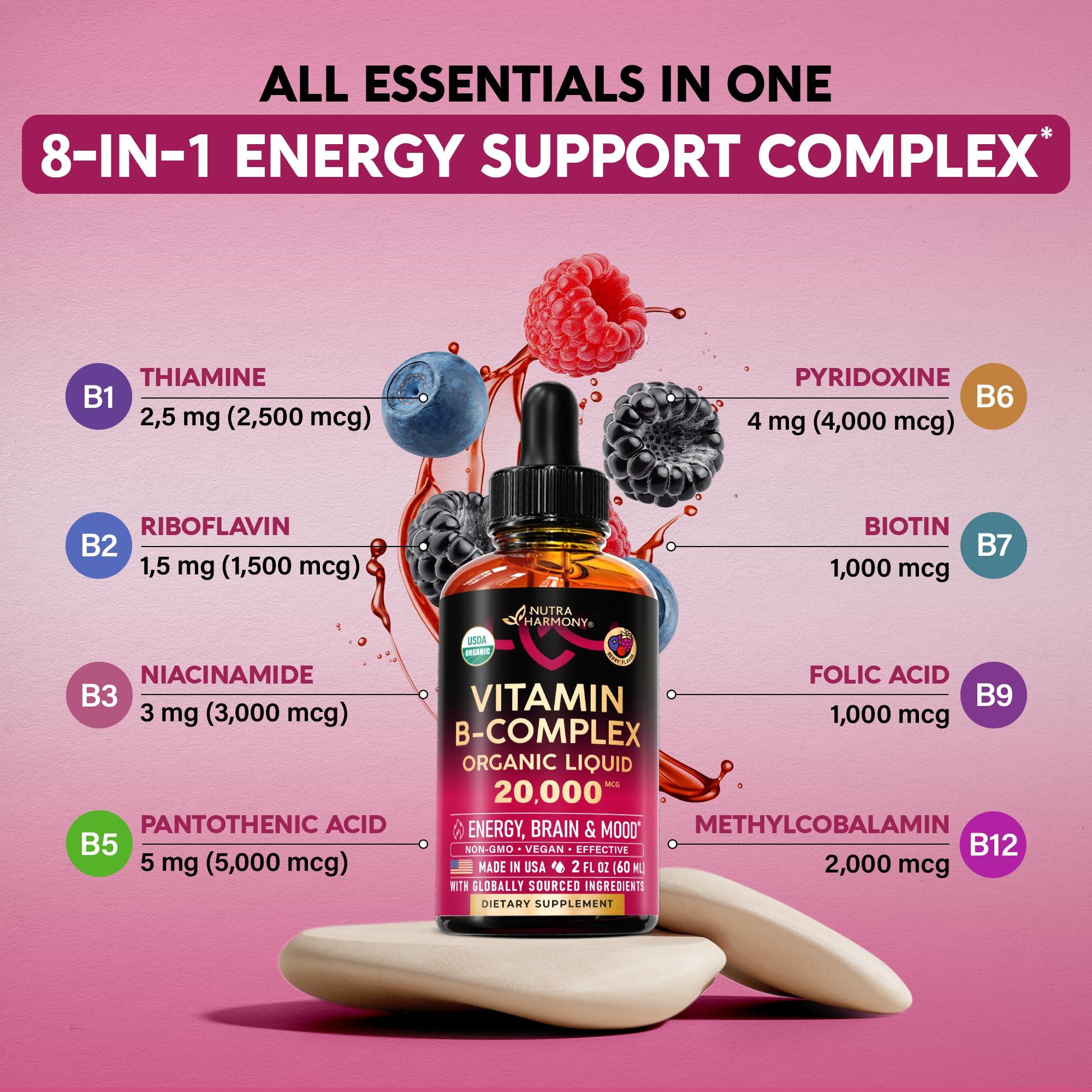 NUTRAHARMONY USDA Organic Vitamin B-Complex B5 Pantothenic Acid | B12 Methylcobalamin | B1 Thiamine | B6 Pyridoxine | B7 Biotin | B9 Folic | B3 Niacinamide - B Complex Liquid Drops, Made in USA Supplement, 2fl oz