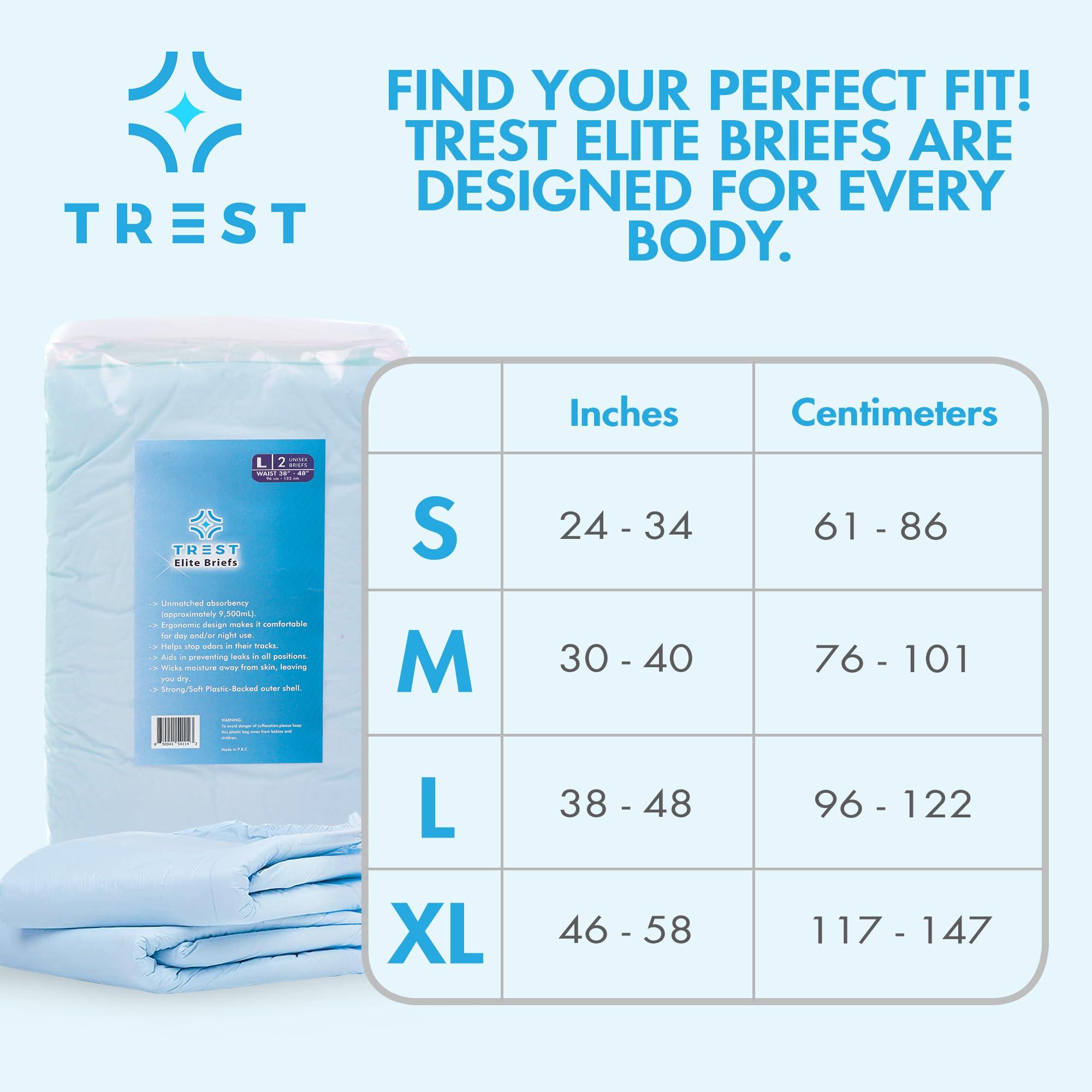 Trest TREST Elite Briefs for Men and Women, Overnight Diapers for Incontinence, Elite Absorbency, Comfortable, Odor Neutralizing and Secure Fit with 2 Wide Tabs - Blue, Large (Pack of 2)