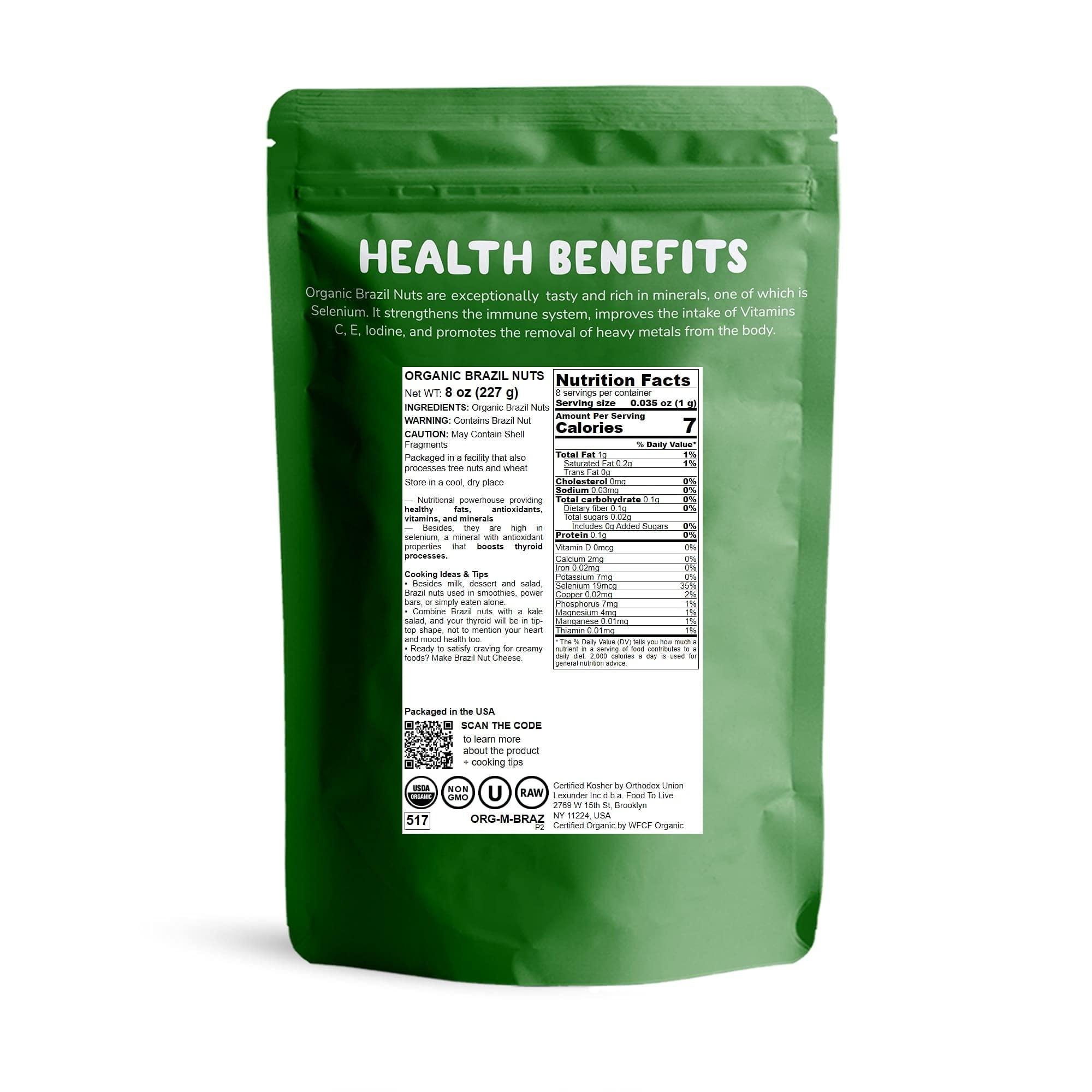 Food to Live Food to Live - Organic Brazil Nuts, 8 Ounces Non-GMO, Raw, Whole, No Shell, Unsalted, Kosher, Vegan, Keto, Paleo Friendly, Bulk, Rich in Selenium