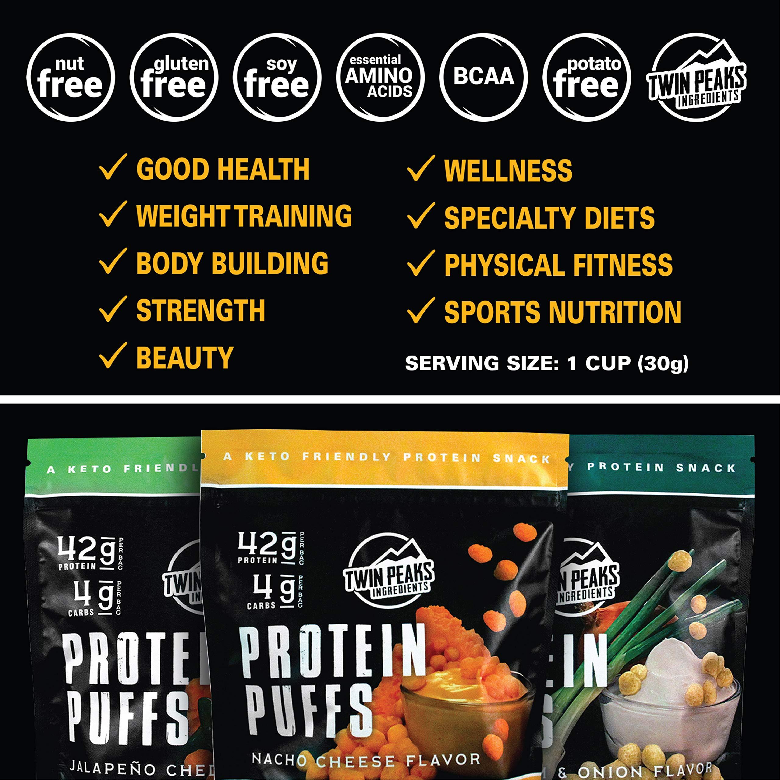 TWIN PEAKS INGREDIENTS Twin Peaks Low Carb, Keto Friendly Protein Puffs, 3 Bags of Assorted Flavor Puffs + 1 Jug Nacho Cheese Flavor Puffs
