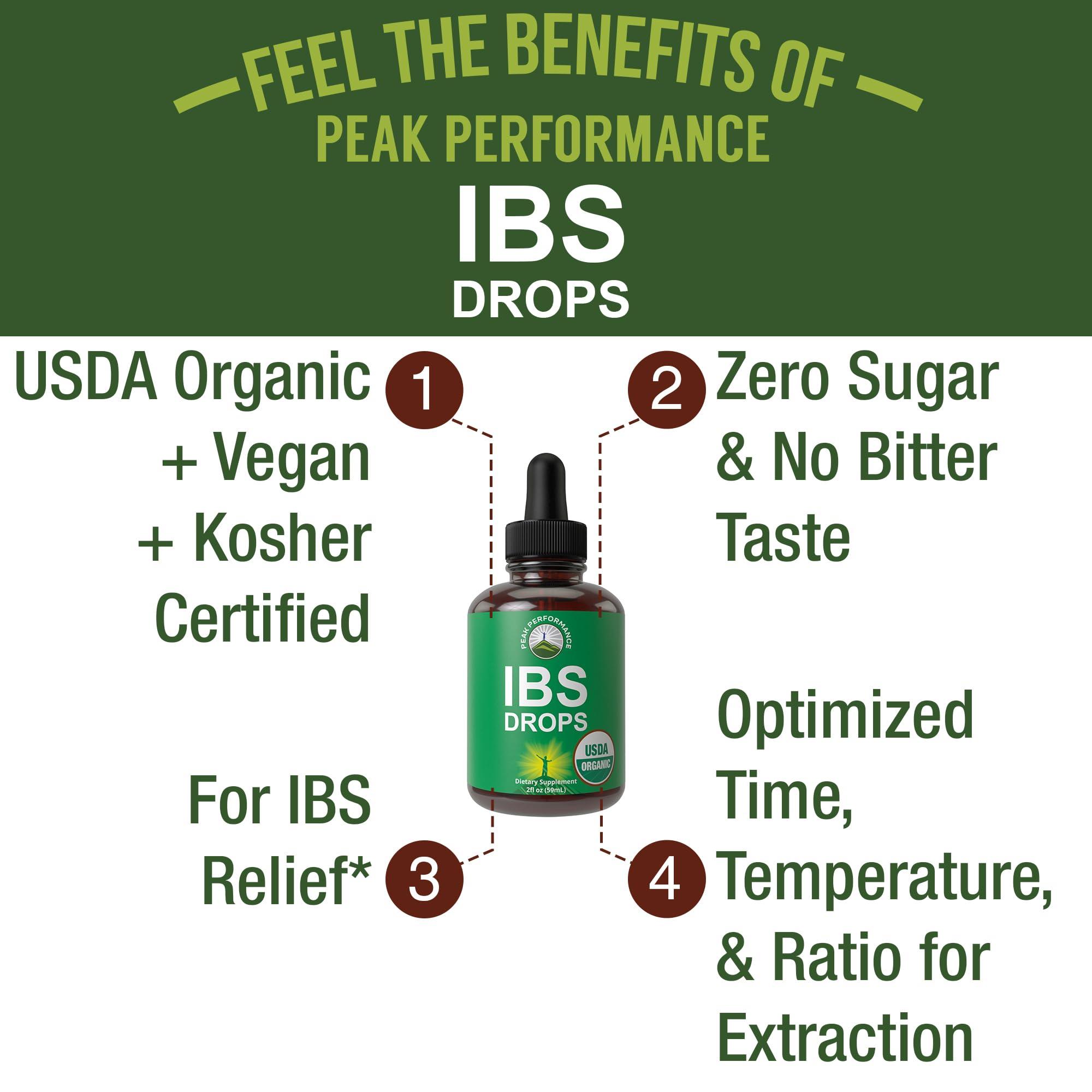 Peak Performance USDA Organic IBS Relief 5-In-1 Liquid Drops. For Ingestion, Bloating, Gas. Irritable Bowel Supplement With 5 Organic Ingredients. Peppermint Oil, Fennel Seed, Chamomile Flower, Rosemary, Holy Basil