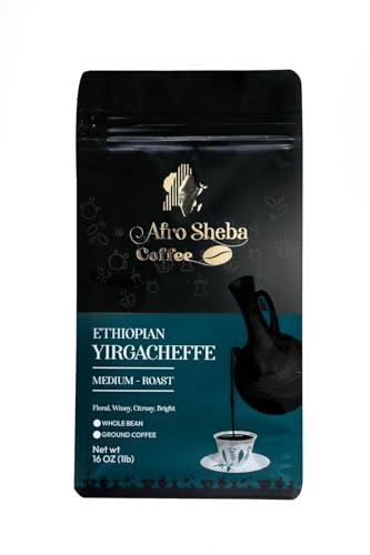 Afro Sheba Coffee Afro Sheba Coffee - Whole Bean Medium Roast Coffee - Full Body - Ethiopian Single Origin - Ground - Low Acid - Washed & Natural - 1 lb (16 oz) (Yirgacheffe)